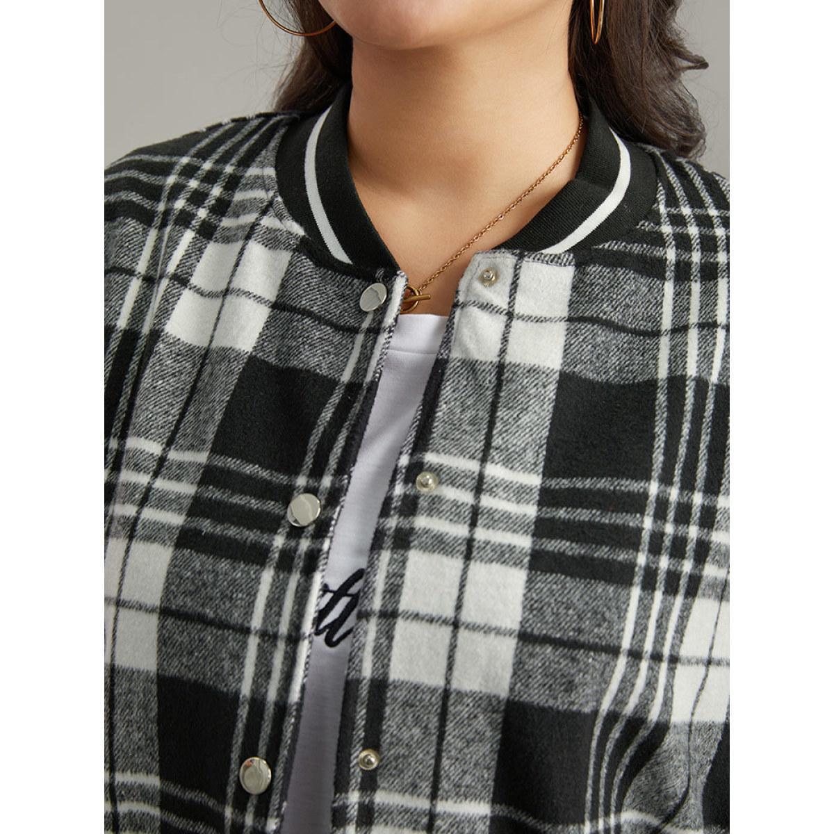 Plus Size Plaid Button Through Pocket Baseball Collar Bomber Jacket Women Black Elastic cuffs Pocket Dailywear Jackets BloomChic 12/L Product Image