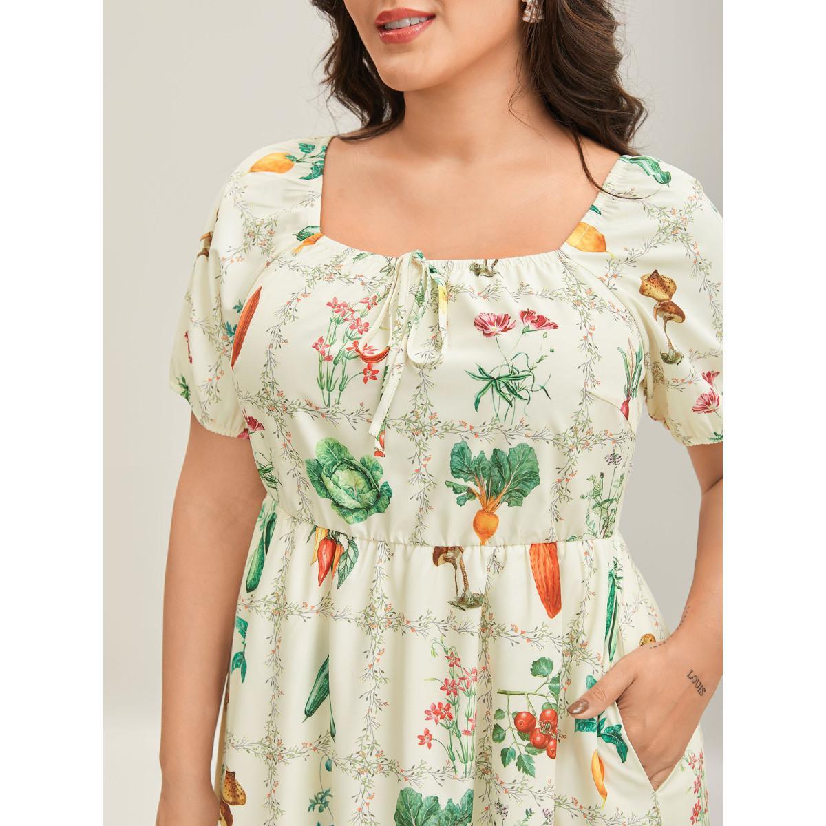 Plus Size Fruit & Vegetable Print Neck Tie Dress Beige Women Square Neck Short sleeve Curvy BloomChic 18-20/2X Product Image