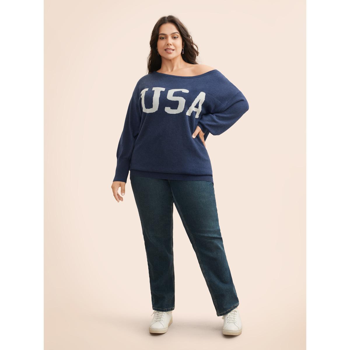 Plus Size Supersoft Essentials USA Boat Neck Pullover Indigo Women Casual Loose Long Sleeve Boat Neck Everyday Pullovers BloomChic 28/5X Product Image