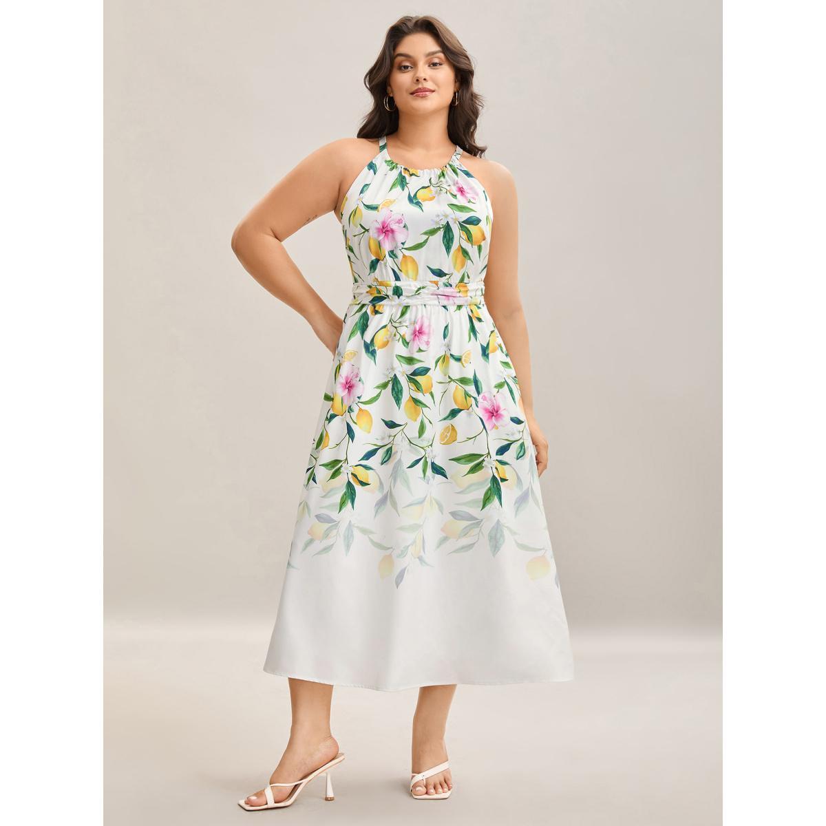 Plus Size Large Floral Pattern Pleated Waist Midi Dress WhiteSmoke Women Halter neck Sleeveless Curvy BloomChic 12/L Product Image