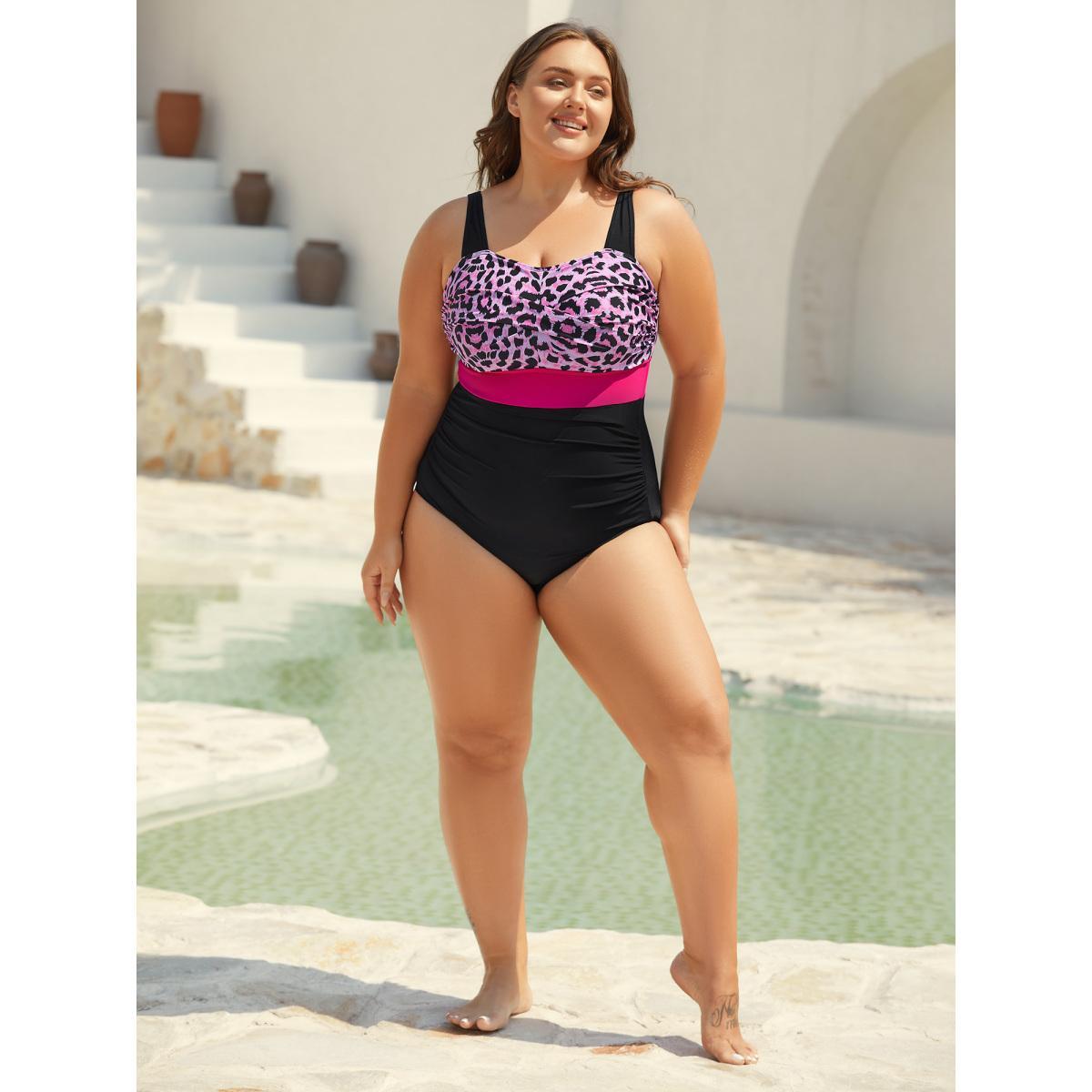 Plus Size Leopard Print Twist Front One-Piece Swimsuit Women's Swimwear RedViolet Beach Twist Curve Bathing Suits High stretch One Pieces BloomChic 26/4X Product Image