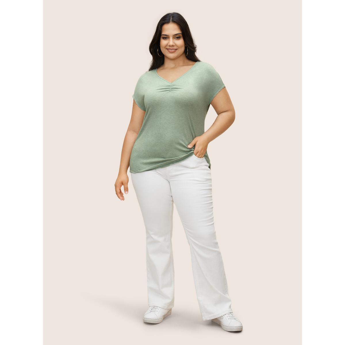 Plus Size Solid Heather Ruched Dolman Sleeve T-shirt LightGreen Women Casual Gathered V-neck Everyday T-shirts BloomChic 22-24/3X Product Image