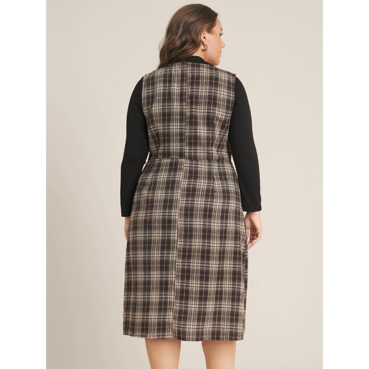 Plus Size Plaid Sleeveless Button Detail Dress Without Sweater DarkBrown Women Office Button V-neck Sleeveless Curvy Midi Dress BloomChic 14-16/1X Product Image