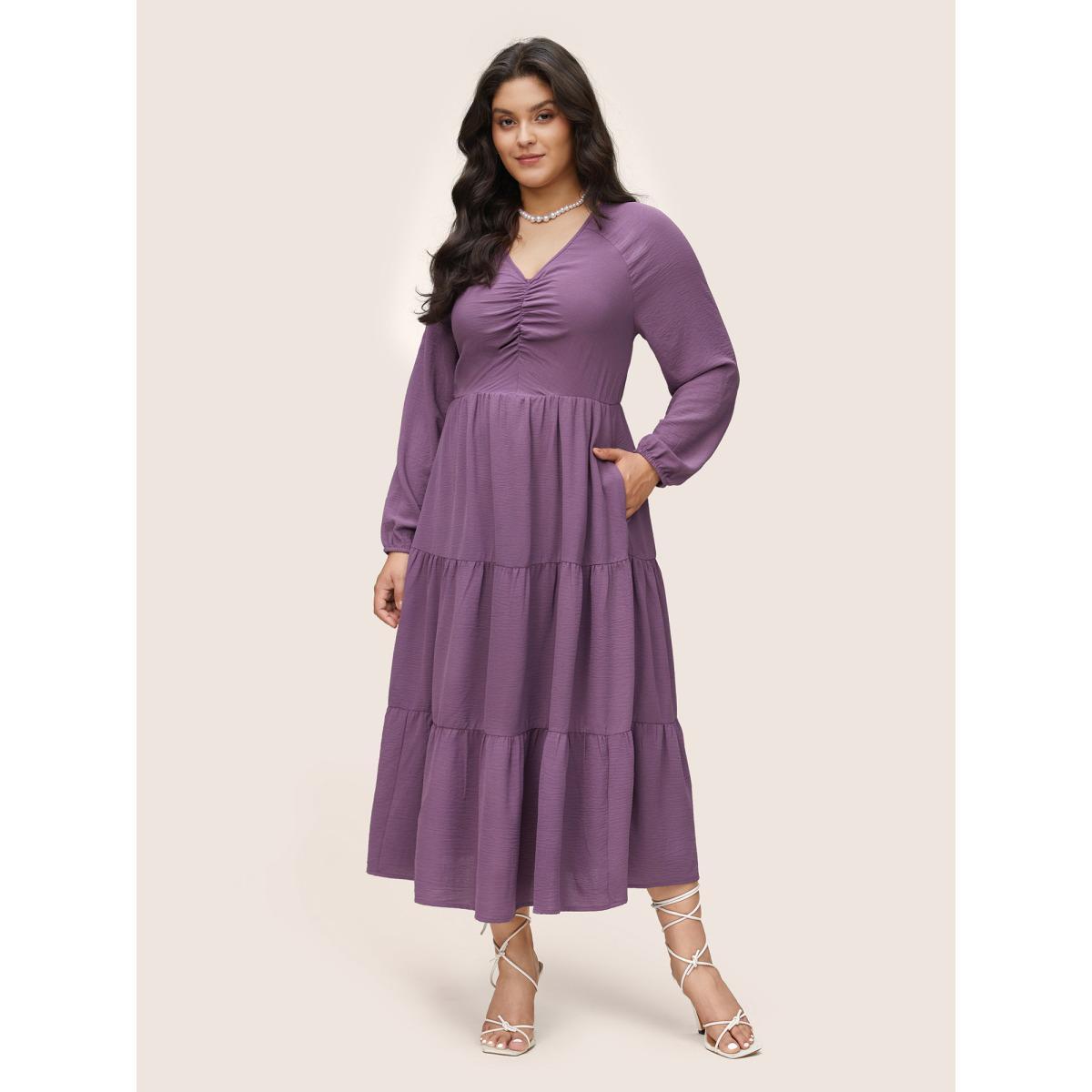 Plus Size Solid Ruched Raglan Sleeve Layered Hem Dress Mauve Women Elegant Elastic cuffs V-neck Long Sleeve Curvy Midi Dress BloomChic 22-24/3X Product Image