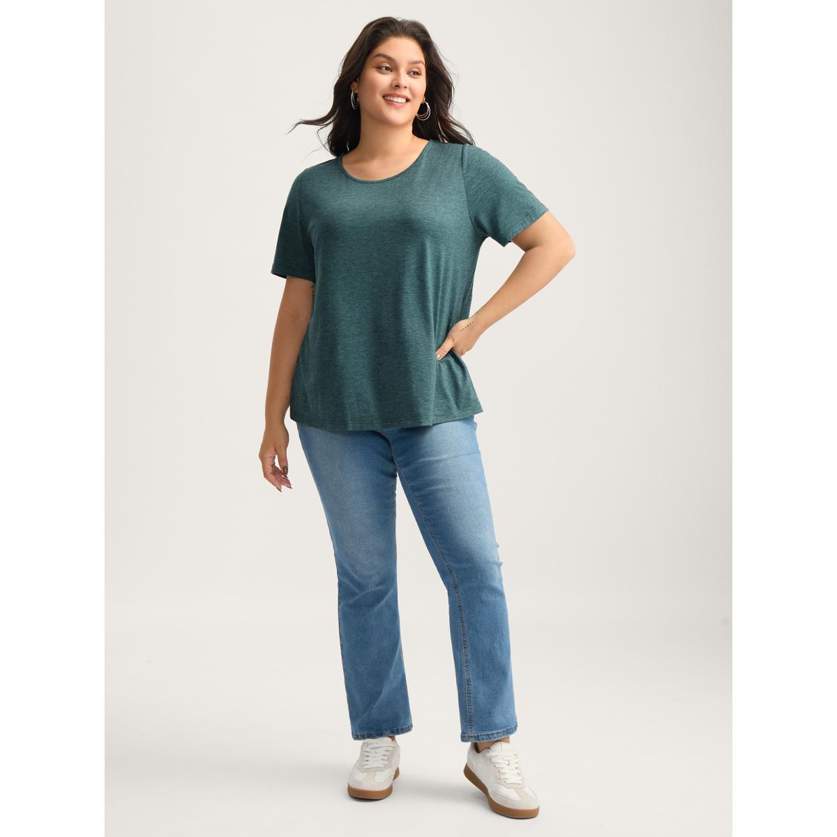 Plus Size Backless Crisscross Solid T-Shirt DarkGreen Women Overlapping Round Neck Everyday-Casual T-shirts BloomChic 28/5X Product Image