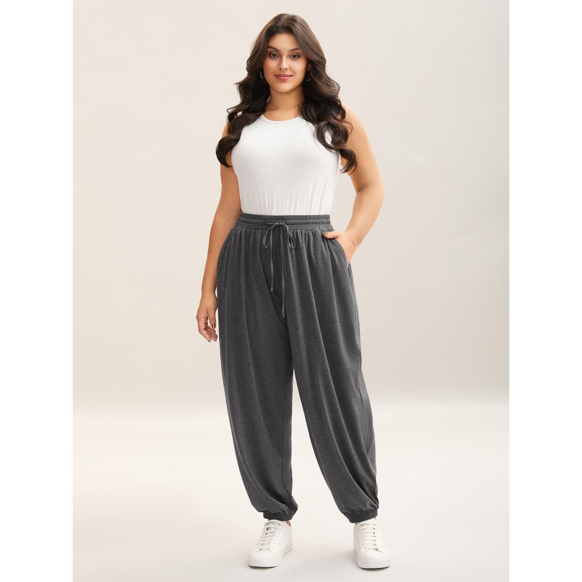 Plus Size Color Contrast Drawstring Jogger Pants Women DimGray Casual Bodycon Mid Rise Everyday Pants BloomChic 10/M Product Image