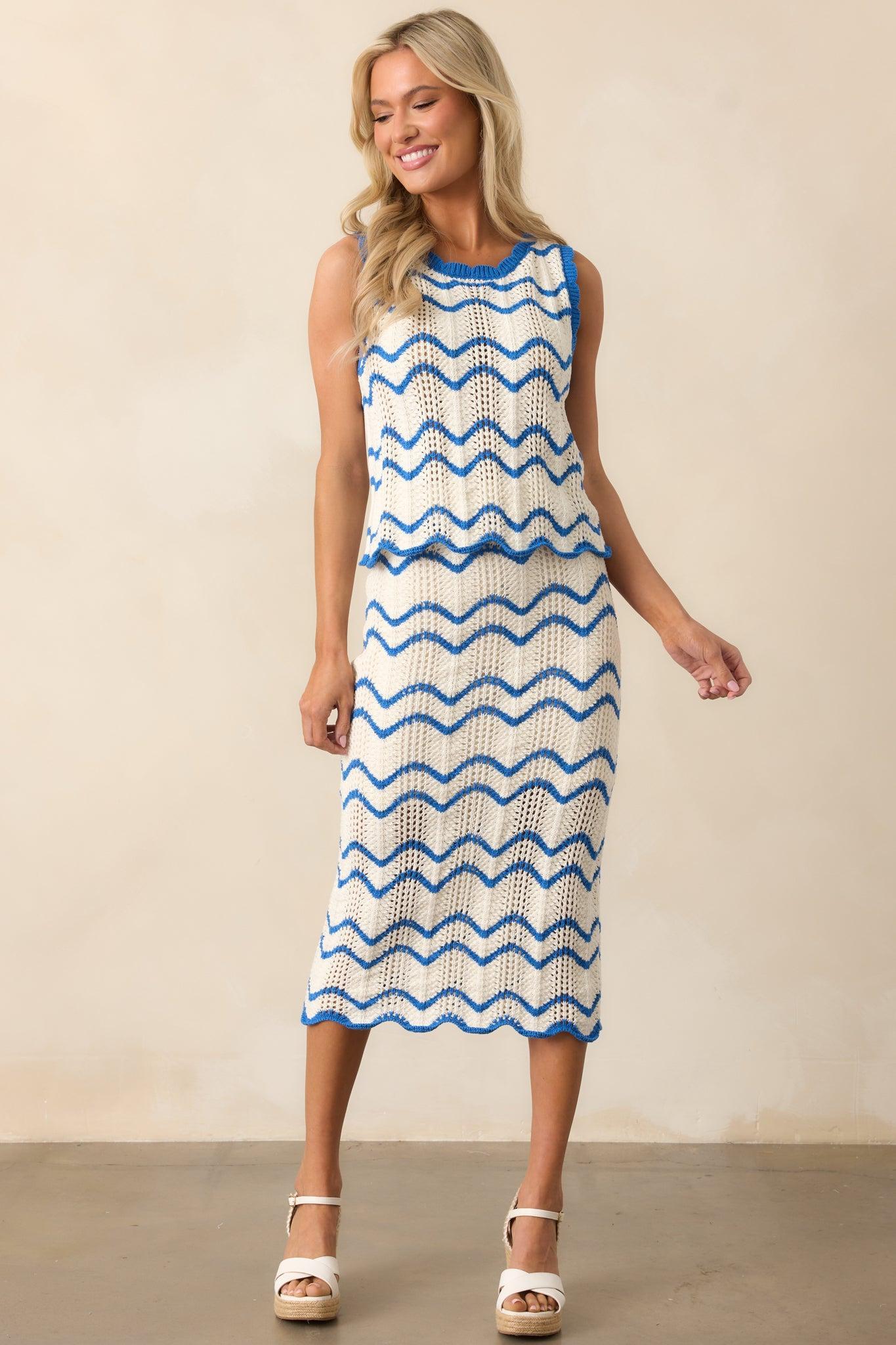 Under The Palm Trees Blue Stripe Crochet Knit Tank Top Product Image