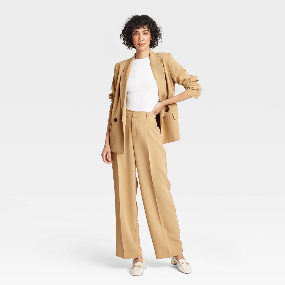 Women's Signature Crepe Essential Trouser - A New Day™ Tan 14 Long: High Rise, Straight Leg, Back Elastic Product Image