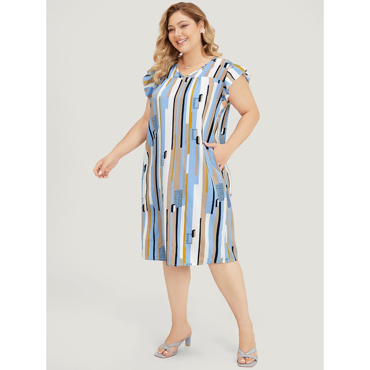 Plus Size Geometric Print V Neck Pocket Flutter Cap Sleeve Midi Dress Multicolor Women Elegant Ruffles V-neck Cap Sleeve Curvy Knee Dress BloomChic 30/6X Product Image