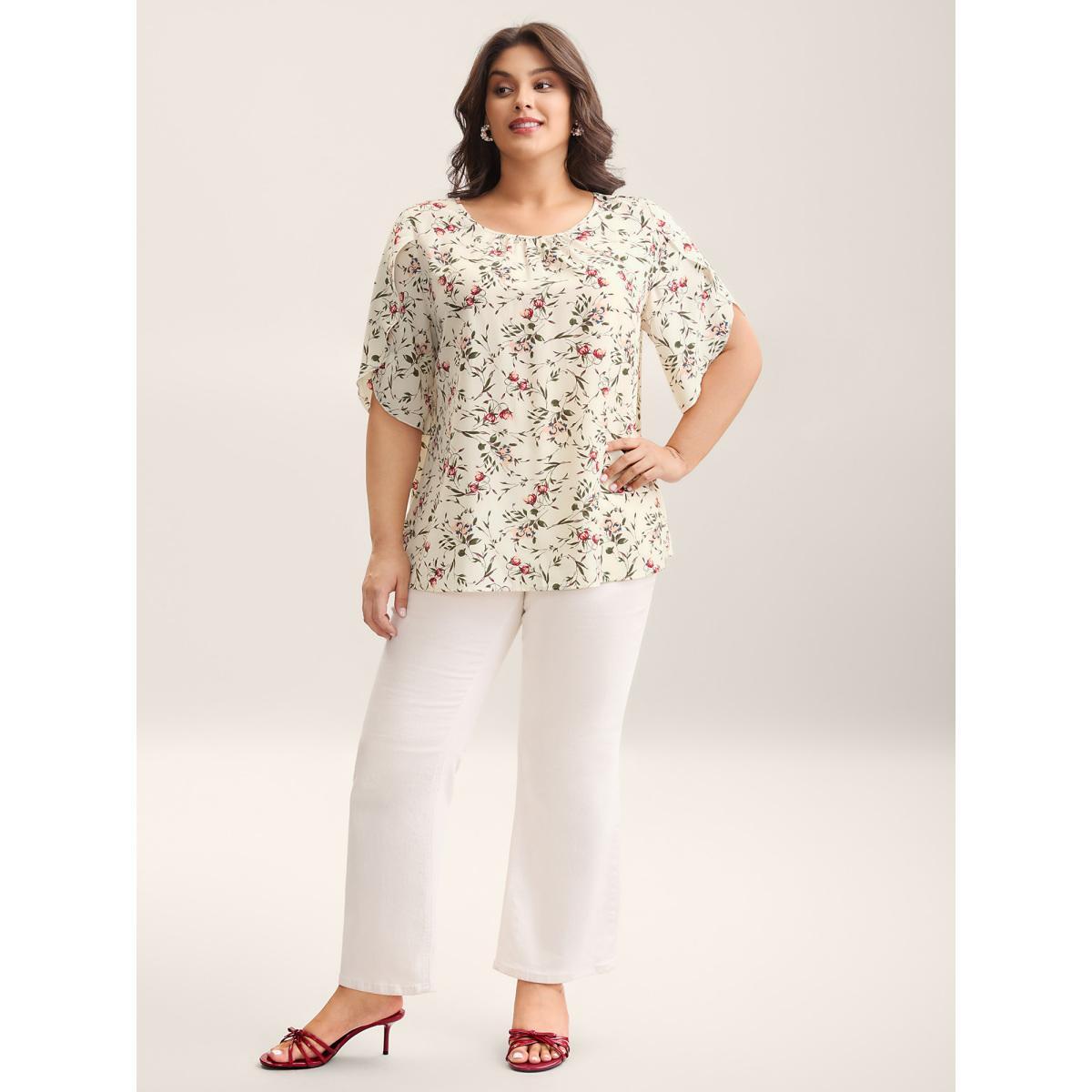 Plus Size Ivory Floral Print Petal Sleeve Pleated Blouse Women Elegant Elbow-length sleeve Round Neck Everyday Blouses BloomChic 30/6X Product Image