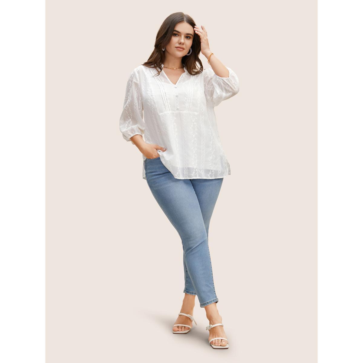 Plus Size Originalwhite Texture Mesh Button Detail Tucked Seam Blouse Women Elegant Elbow-length sleeve V-neck Everyday Blouses BloomChic 12/L Product Image