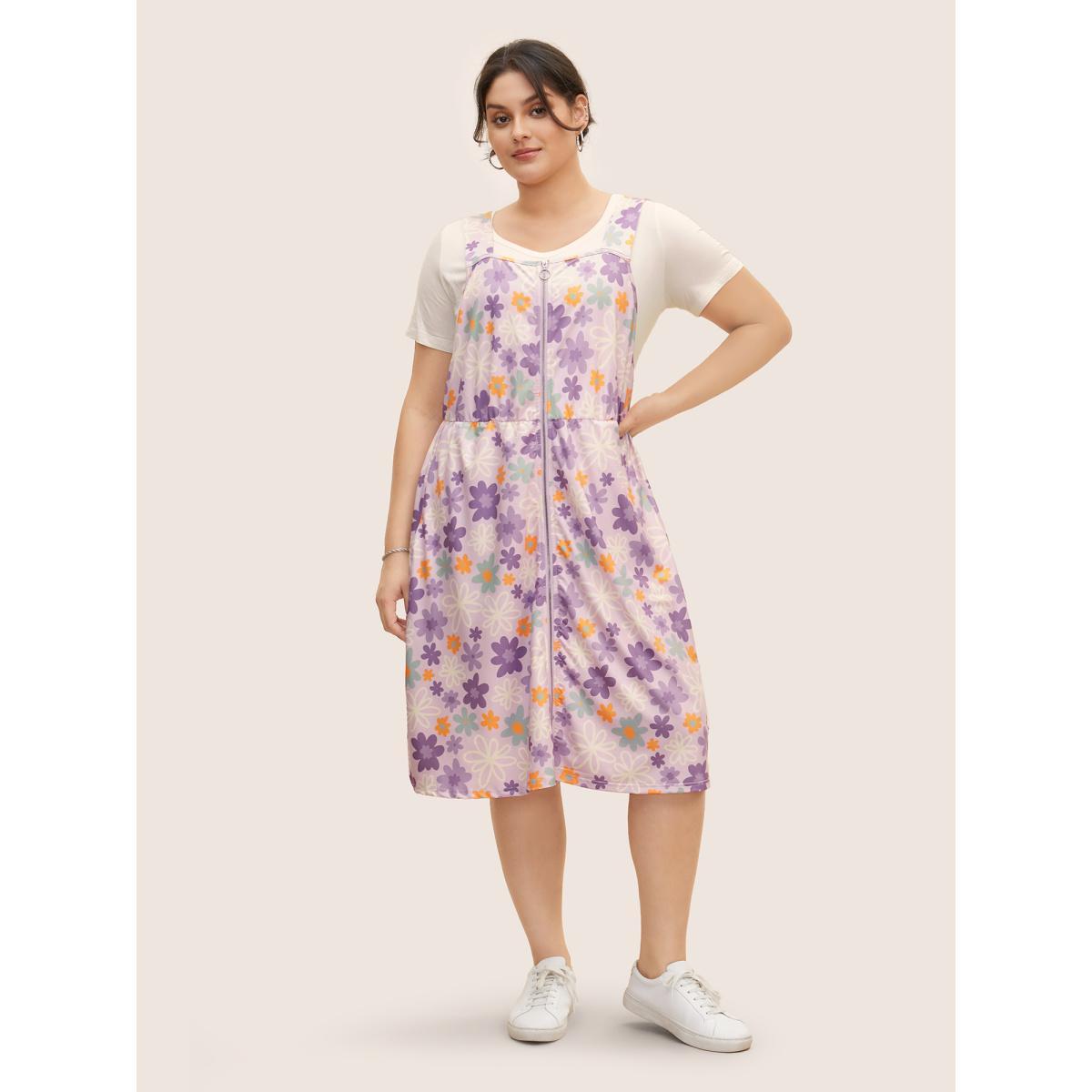 Plus Size Contrast Floral Zipper Sleeveless Midi Dress Lilac Women Casual Non Non Sleeveless Curvy BloomChic 26/4X Product Image