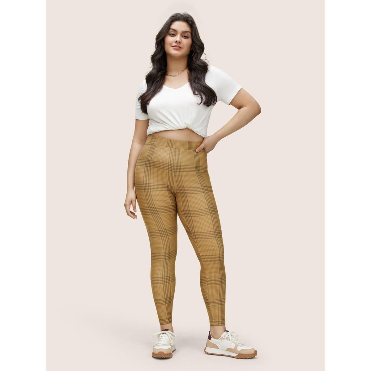 Plus Size Plaid Elastic Waist High Rise Skinny Leggings Women DarkBrown Casual High stretch Skinny High Rise Everyday Leggings BloomChic 26/4X Product Image