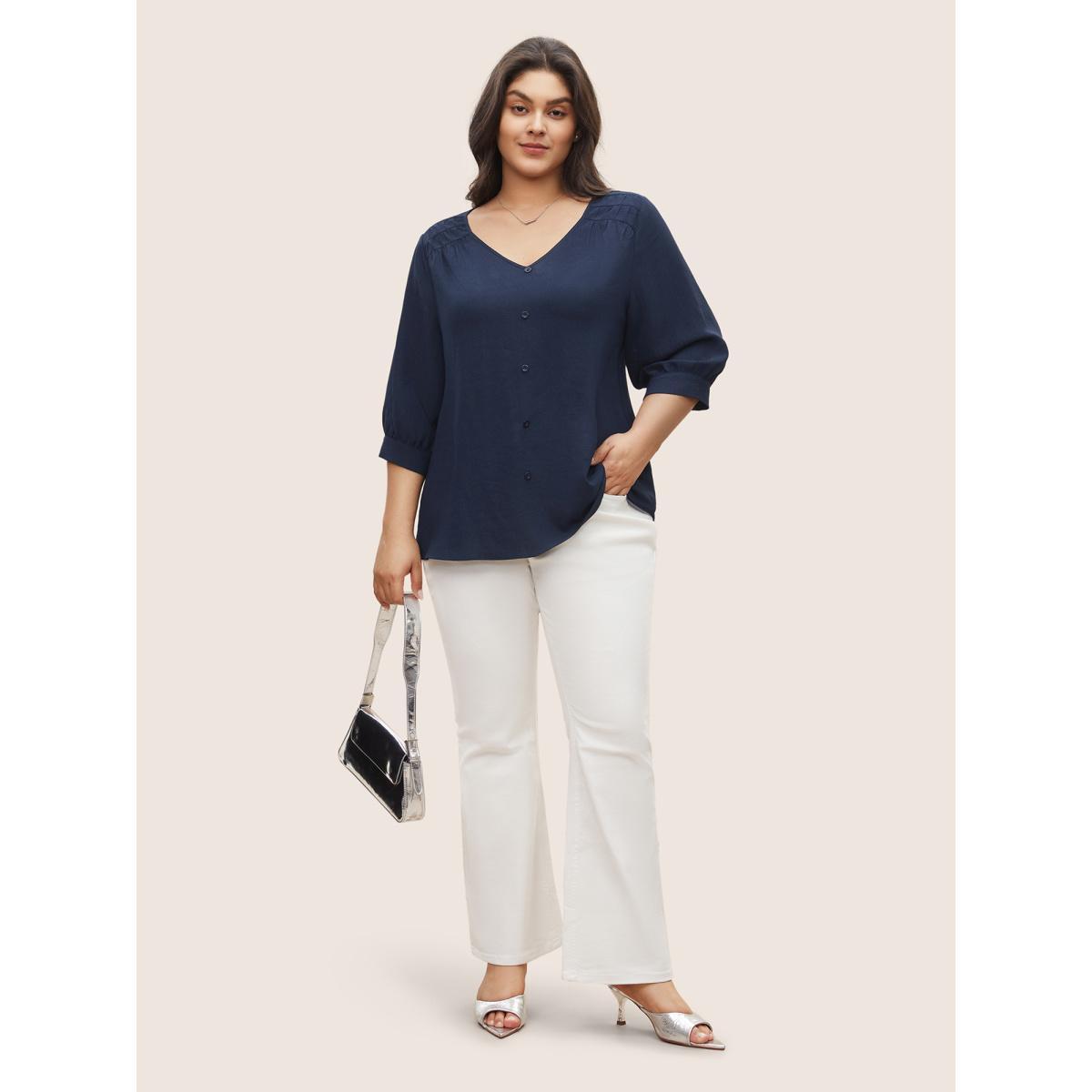 Plus Size Indigo Solid Button Detail Gathered Lantern Sleeve Blouse Women Work From Home Elbow-length sleeve V-neck Work Blouses BloomChic 10/M Product Image