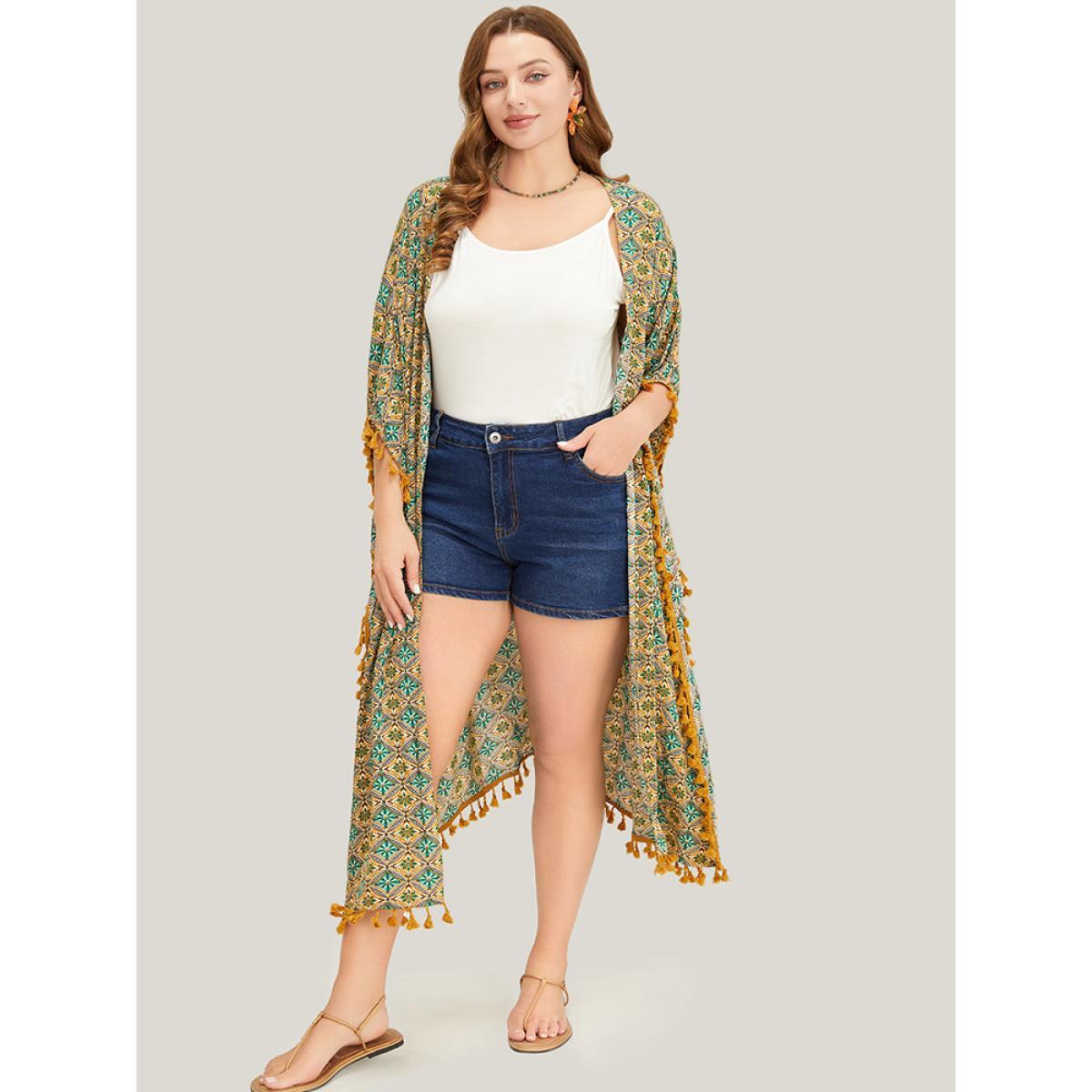 Plus Size Bandana Batwing Sleeve Tassels Trim Split Open Front Kimono Women Mint Vacation Loose Belt Dailywear Kimonos BloomChic 14-16/1X Product Image