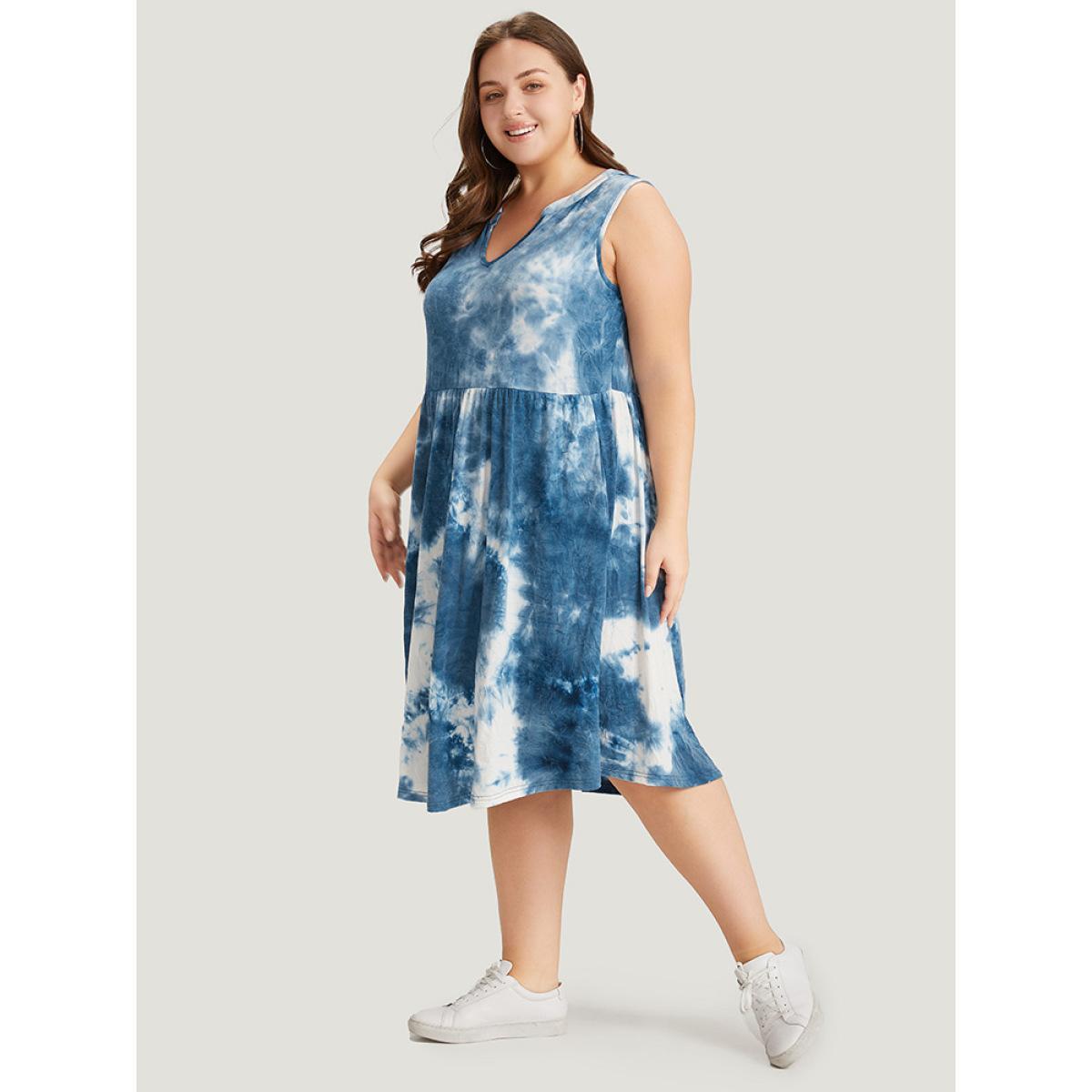 Plus Size Tie Dye Notched Pocket Flutter Hem Tank Dress Stone Women Casual Tie Dye Notched collar Sleeveless Curvy Knee Dress BloomChic 22-24/3X Product Image