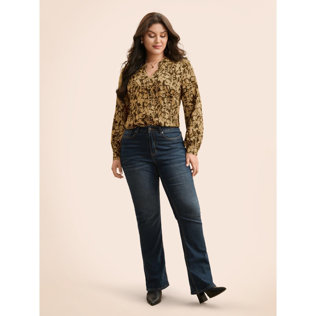 Plus Size Browncoffeecolor Silhouette Floral Print Notched Frill Trim Blouse Women Elegant Long Sleeve Notched collar Everyday Blouses BloomChic 28/5X Product Image