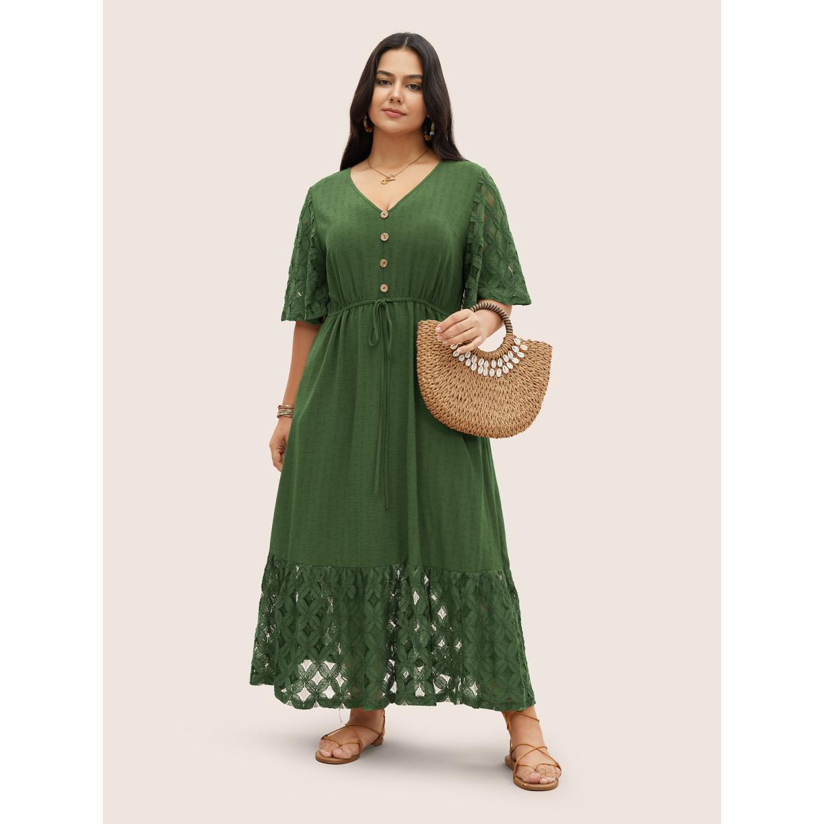 Plus Size Crochet Lace Mesh Button Detail Drawstring Dress Emerald Women Resort Tie knot V-neck Half Sleeve Curvy Midi Dress BloomChic 10/M Product Image