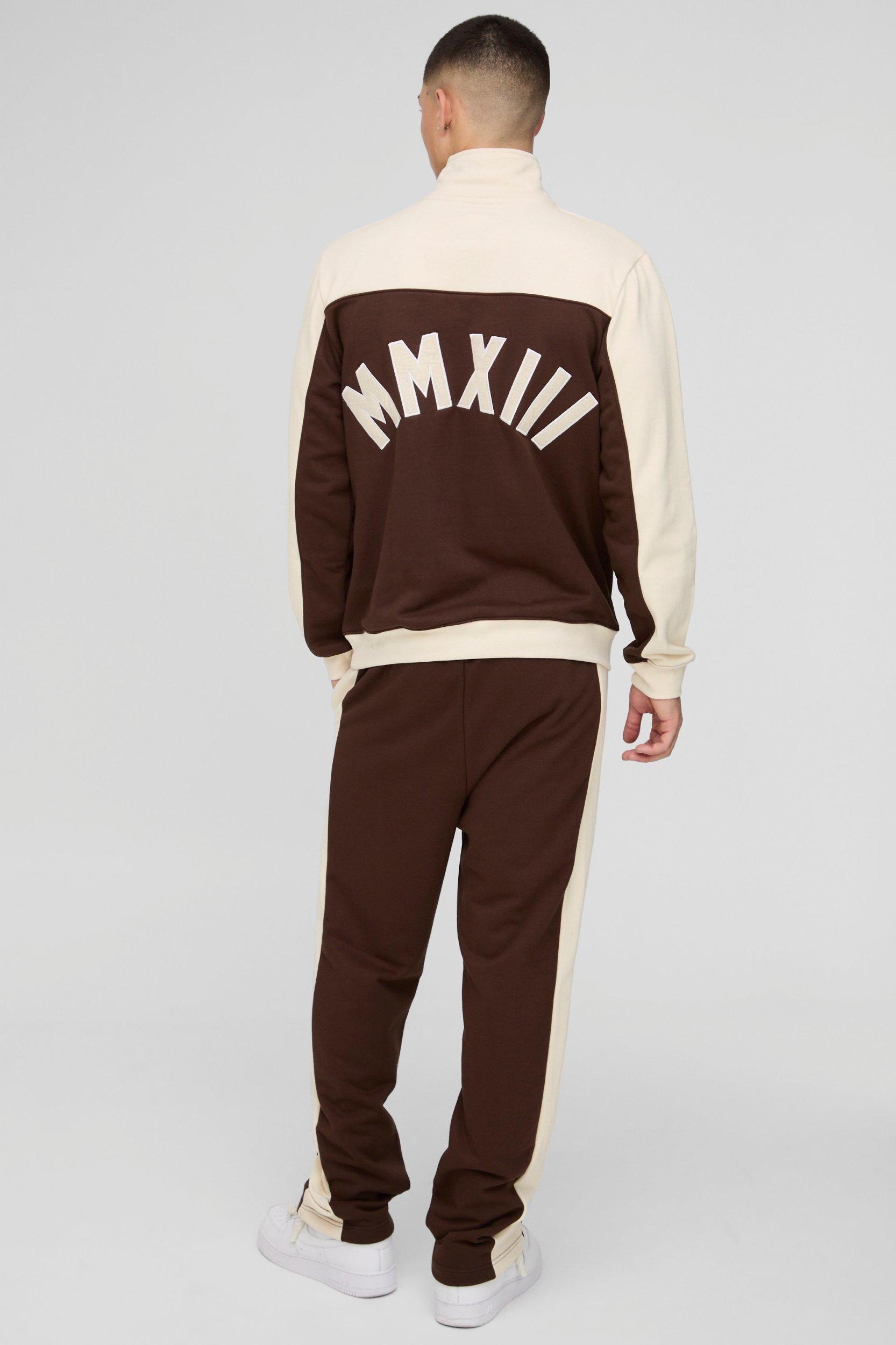 Regular Fit Applique Quarter Zip Loopback Colour Block Funnel Neck | boohooMAN USA Product Image