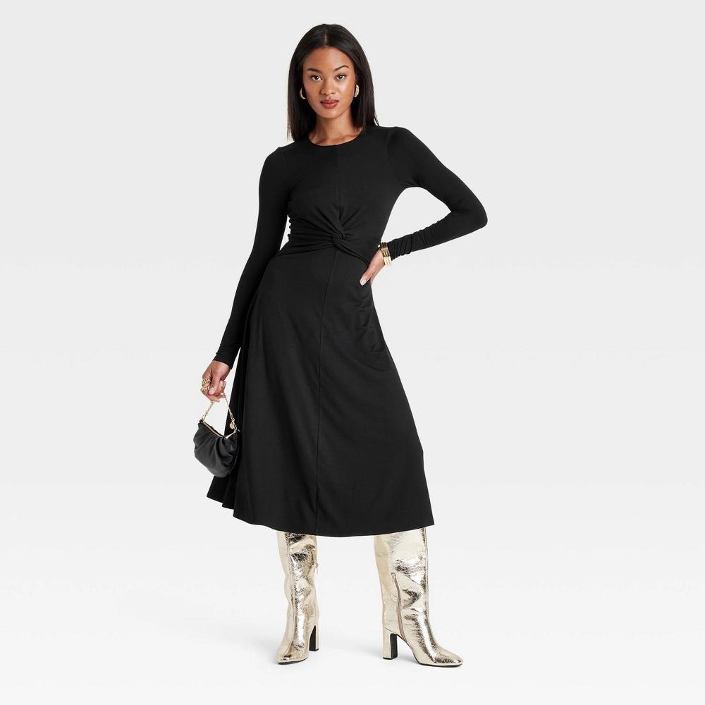 Womens Long Sleeve Twist-Front Midi Dress - A New Day Black M: Recycled Polyester, Spandex, Lightweight Jersey, Crew Neck, Pullover Product Image