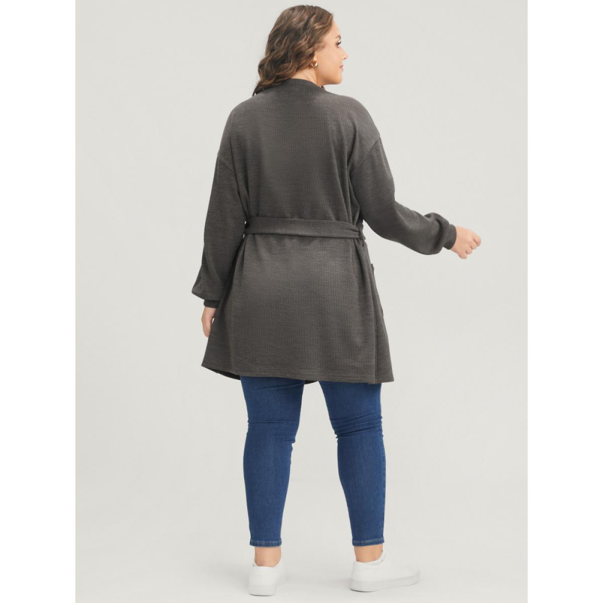 Plus Size Solid Pocket Belted Open Front Heather Coat Women DarkGray Casual Heather Ladies Dailywear Winter Coats BloomChic 18-20/2X Product Image