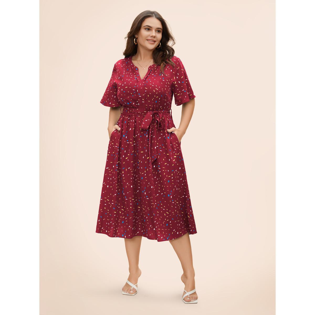 Plus Size Split Neck Confetti Print Midi Dress Burgundy Women Elegant Belted Notched collar Short sleeve Curvy BloomChic 30/6X Product Image