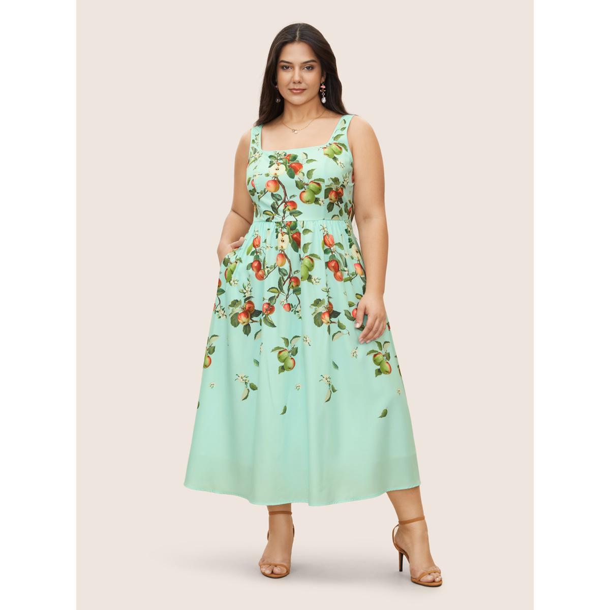 Plus Size Citrus Fruit Print Square Neck Elastic Waist Dress LightGreen Women Elegant Gathered Square Neck Sleeveless Curvy BloomChic 10/M Product Image