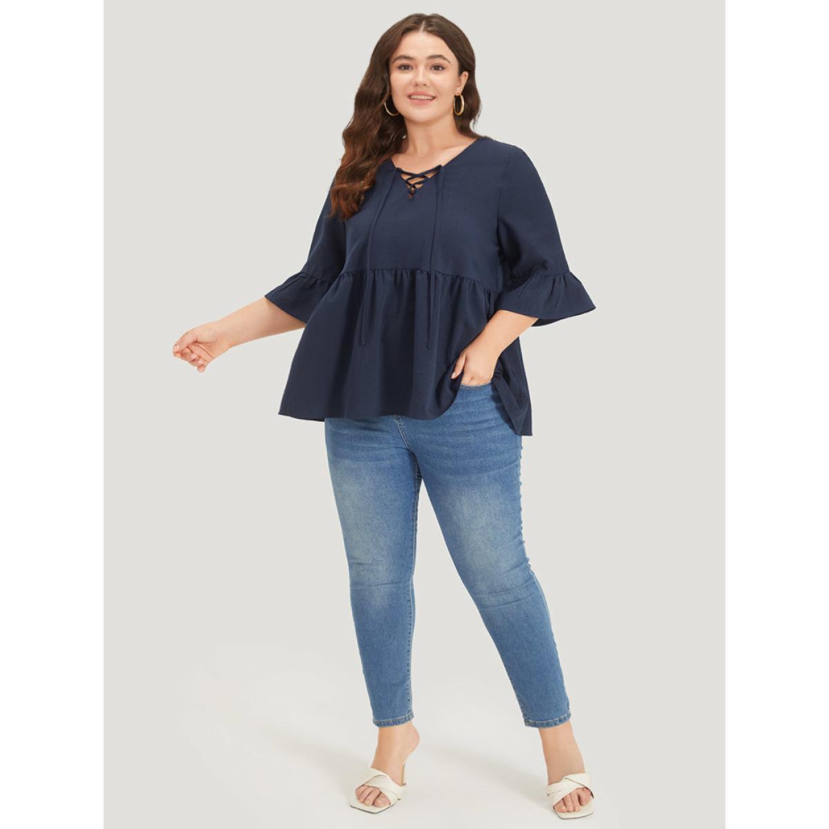 Plus Size Indigo Plain Lace Up Flutter Gathered Bell Sleeve Blouse Women Elegant Elbow-length sleeve Tie Neck Dailywear Blouses BloomChic 12/L Product Image