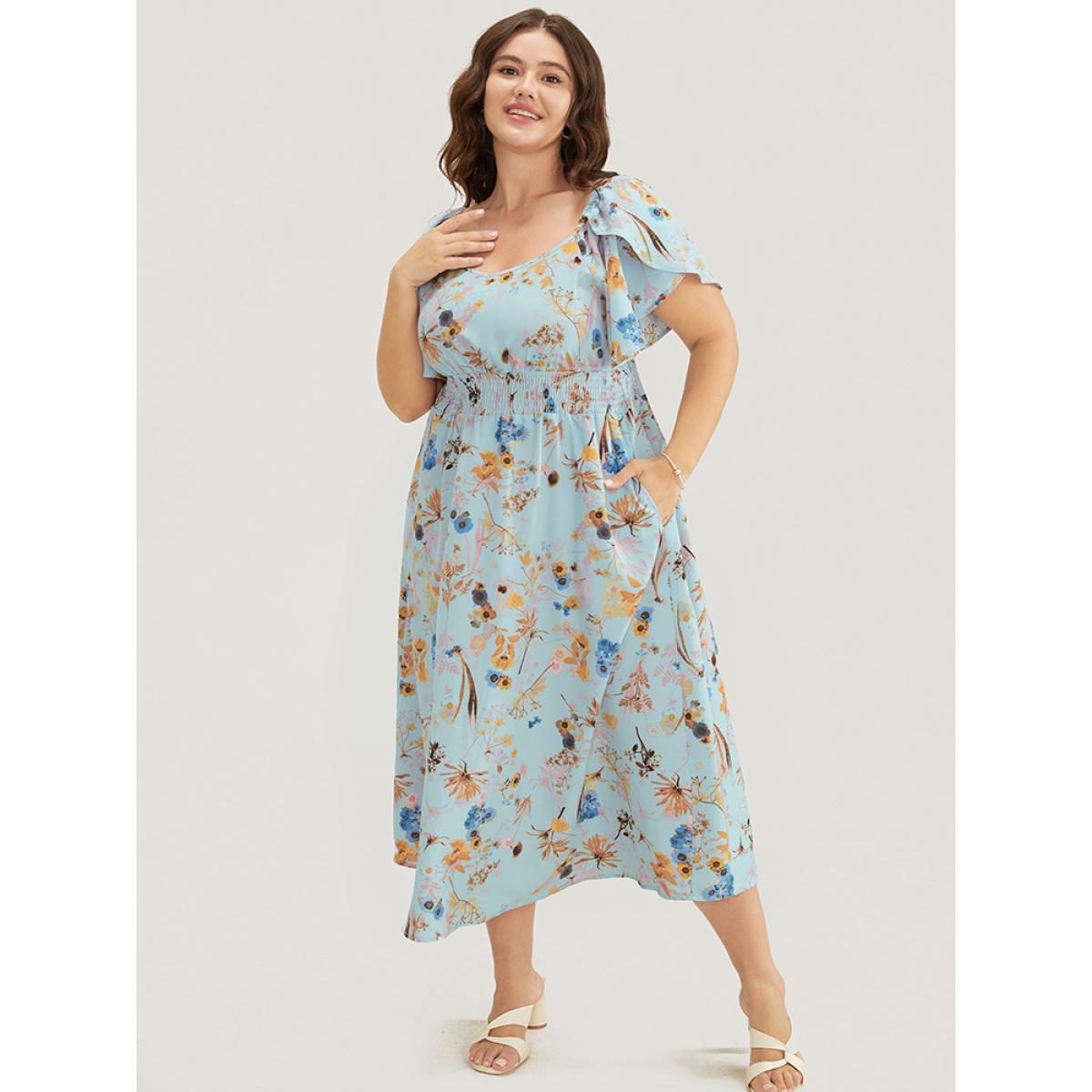 Plus Size Floral Printed Shirred Petal Sleeve Pocket Ruffles Dress LightBlue Women Elegant Elastic Waist V-neck Short sleeve Curvy Midi Dress BloomChic 10/M Product Image