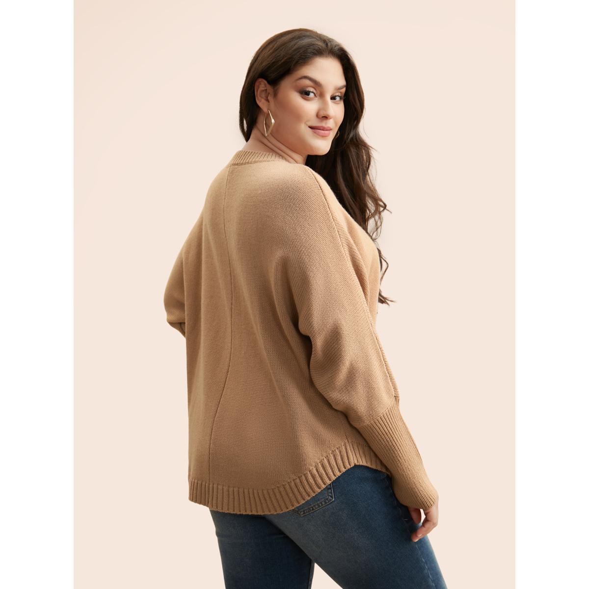 Plus Size Plain Dolman Sleeve Arc Hem Pullover Tan Women Casual Loose Long Sleeve Round Neck Everyday Pullovers BloomChic 10/M Product Image