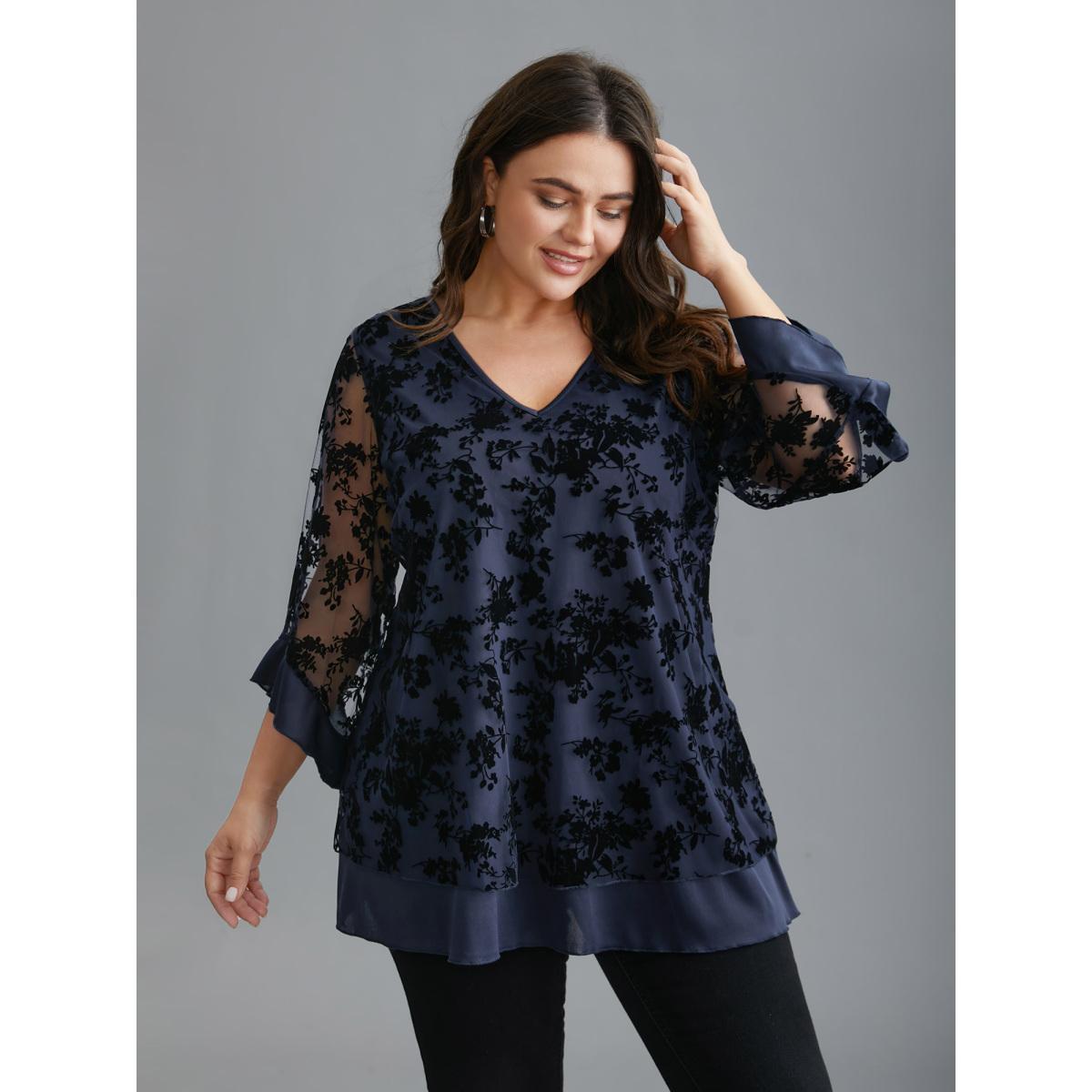 Plus Size Indigo Floral Flocking Mesh Asymmetrical Hem Blouse Women Elegant Three Quater Length Sleeve V-neck Everyday Blouses BloomChic 30/6X Product Image