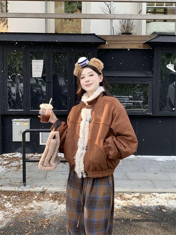 Stand Collar Fleece-Lined Button Aviator Jacket / Drawstring Waist Plaid Wide Leg Pants Product Image