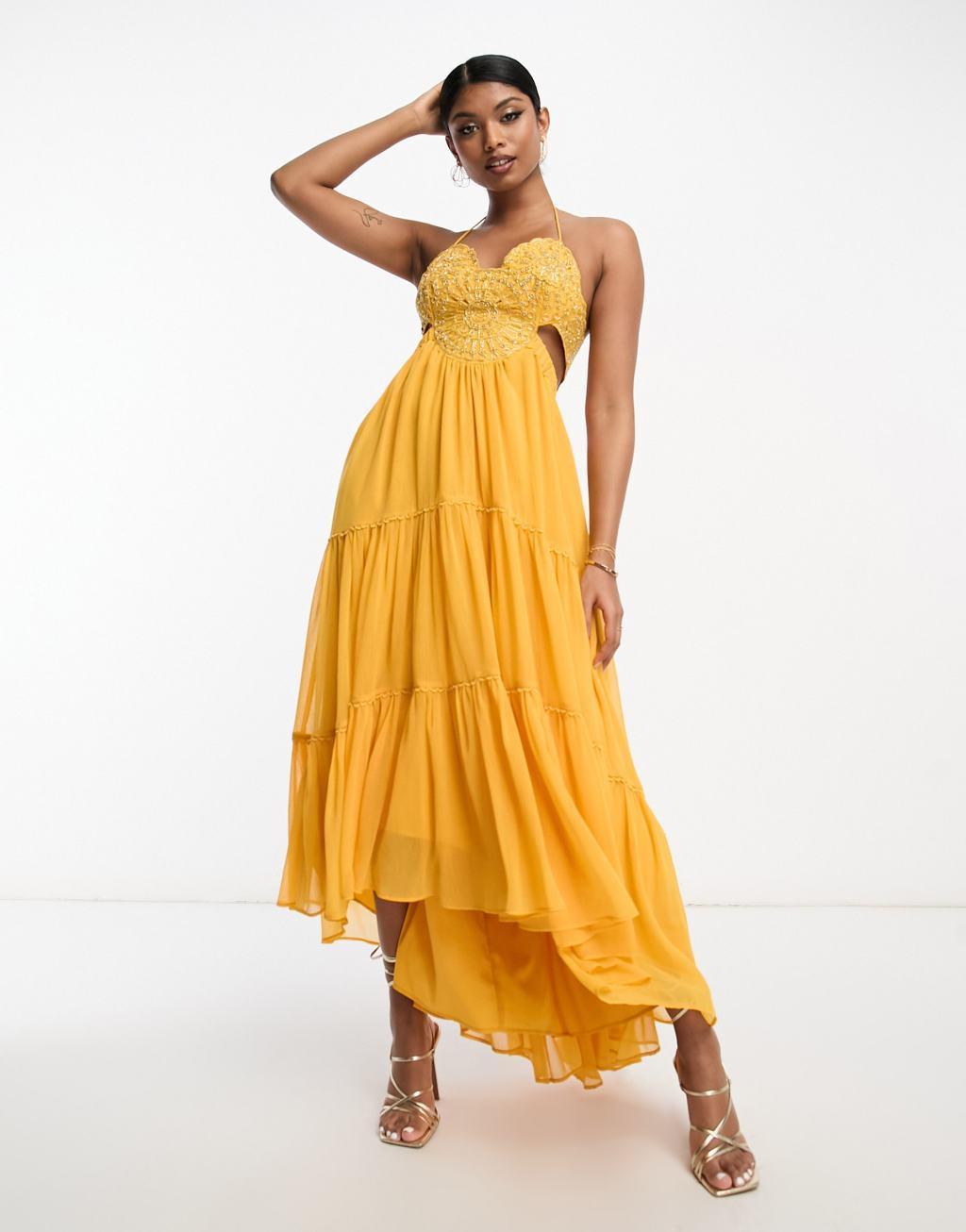 ASOS DESIGN embellished bodice tiered maxi dress with hi low hem and open back Product Image