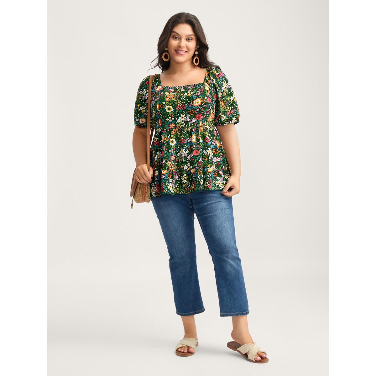 Plus Size Indigo Floral Square Neck Fit and Flare Blouse Women Short sleeve Square Neck Vacation Blouses BloomChic 30/6X Product Image