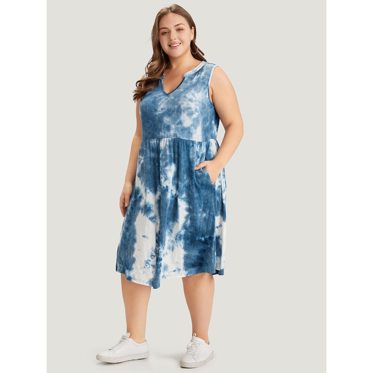 Plus Size Tie Dye Notched Pocket Flutter Hem Tank Dress Stone Women Casual Tie Dye Notched collar Sleeveless Curvy Knee Dress BloomChic 22-24/3X Product Image