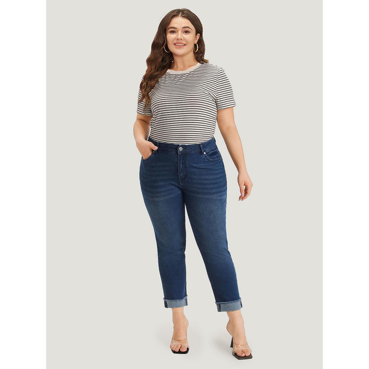 Plus Size Solid Frayed Roll Hem High Rise Jeans Women Blue Casual Plain Plain High stretch Pocket Jeans BloomChic 16/1X Product Image