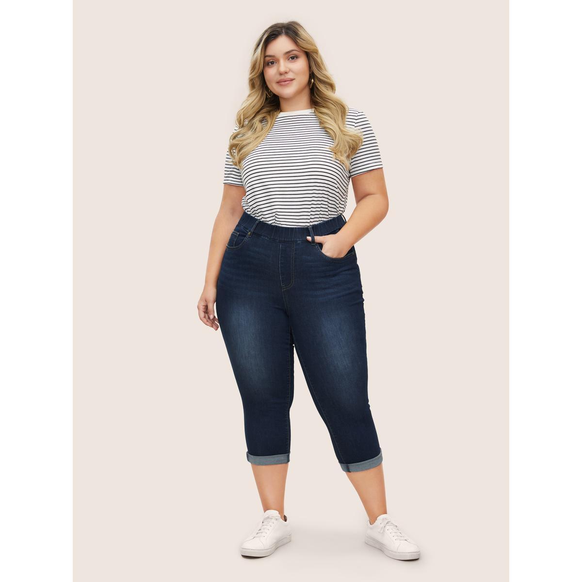 Plus Size Dark Wash Elastic Waist Roll Hem Jeans Women Midnight Casual Roll Hem High stretch Slanted pocket Jeans BloomChic 30/6X Product Image