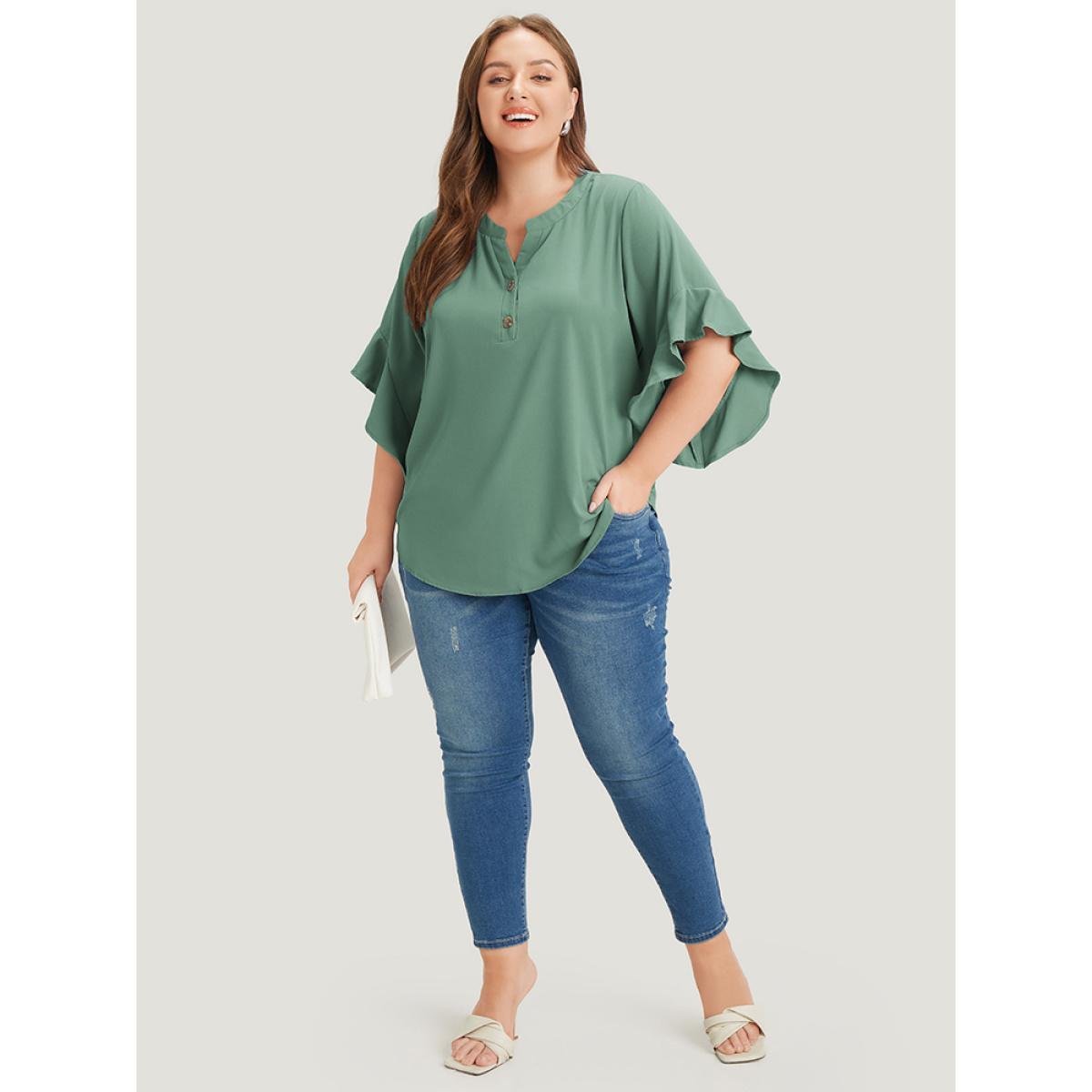 Plus Size Emerald Anti-Wrinkle Plain Notched Flutter Sleeve Button Up Blouse Women Office Short sleeve Notched collar Work Blouses BloomChic 10/M Product Image