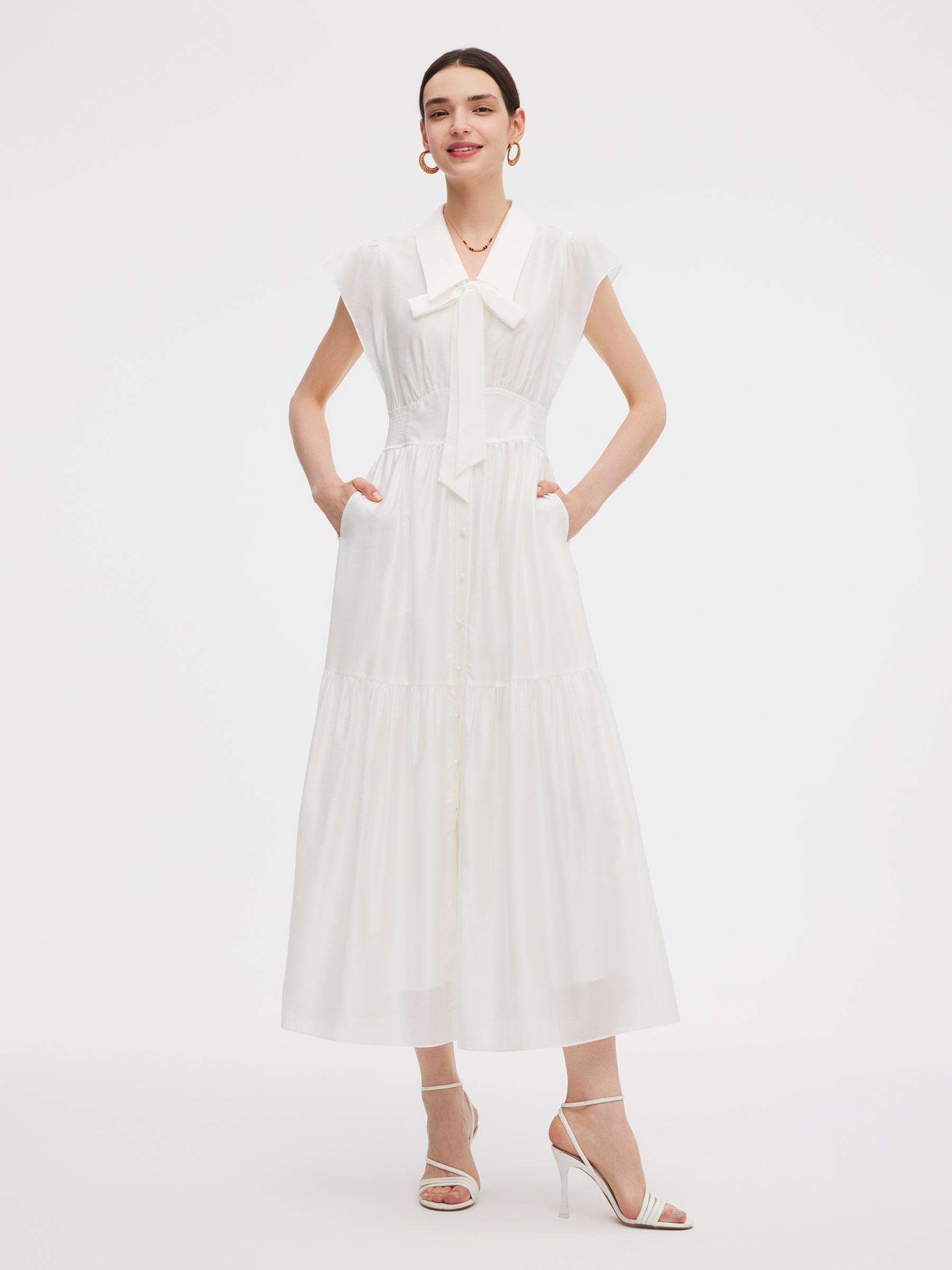 Tencel Blend Women Cap Sleeve Maxi Dress With Ribbon Product Image