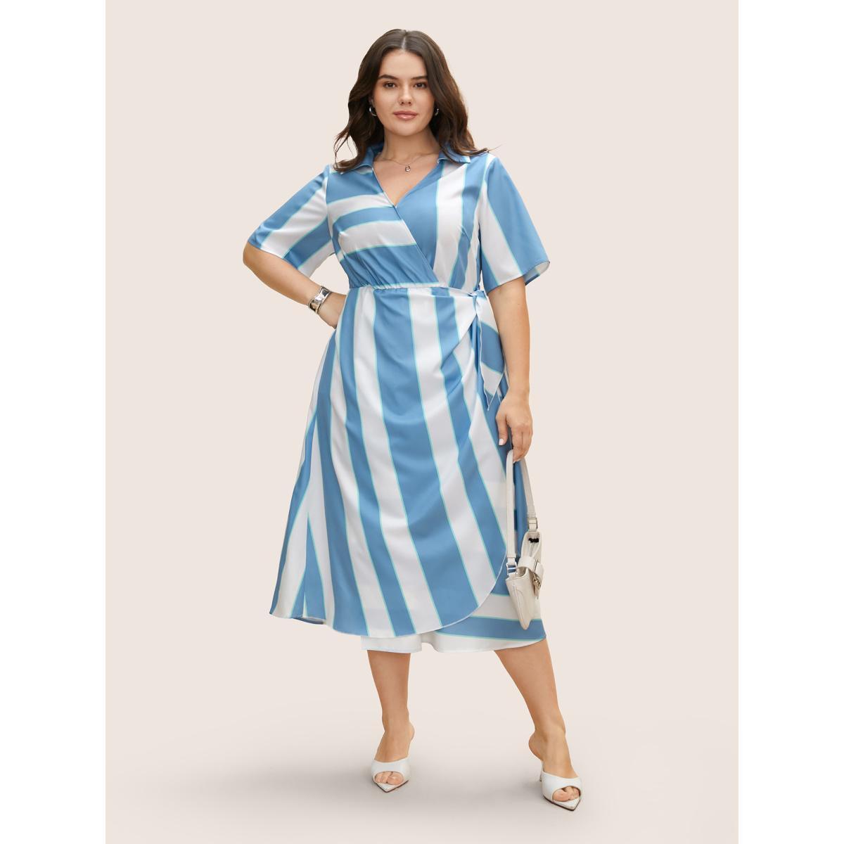 Plus Size Geometric Surplice Neck Tie Knot Midi Dress Stone Women At the Office Tie knot Shirt collar Short sleeve Curvy BloomChic 14-16/1X Product Image