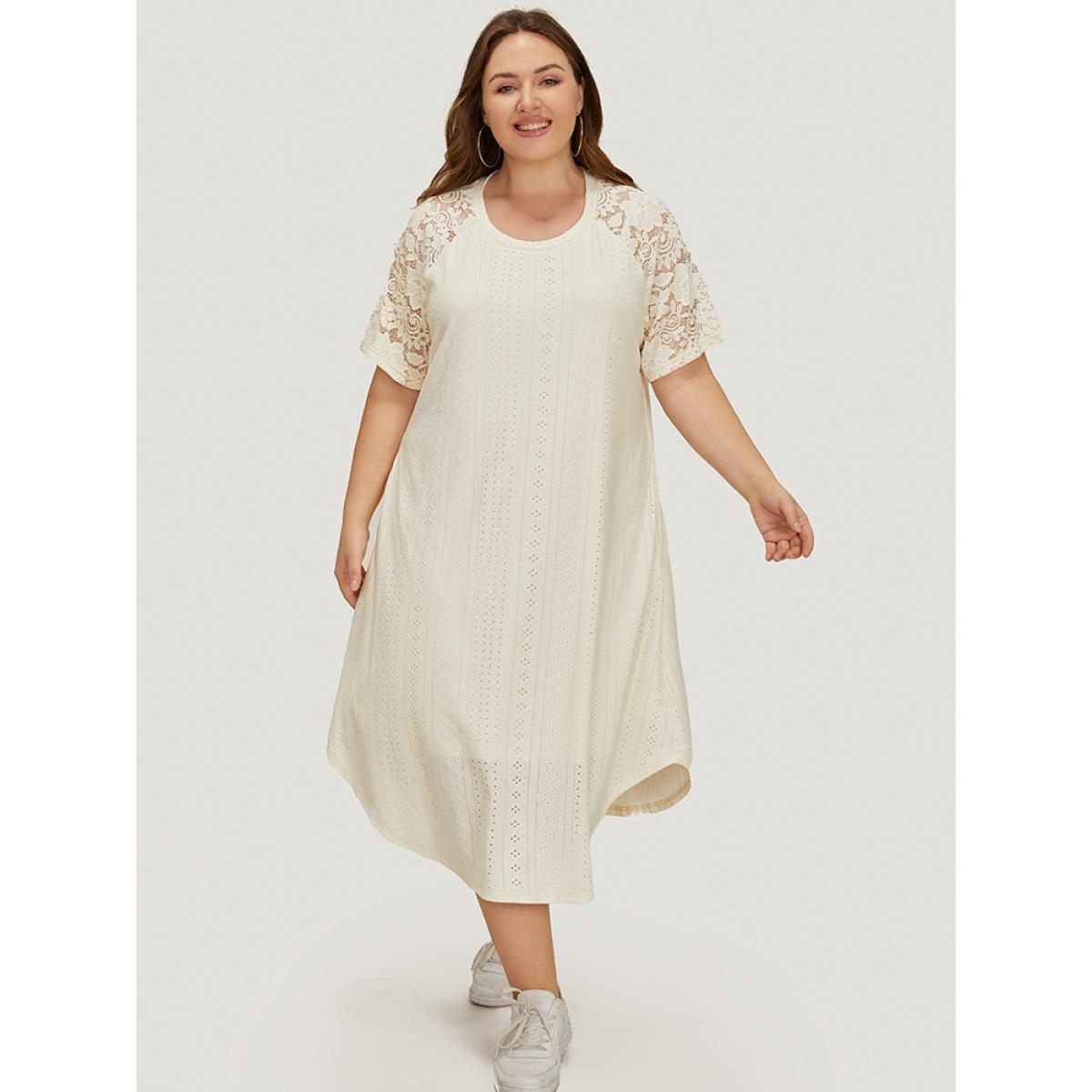 Plus Size Plain Lace Sleeve Pocket Arc Hem Broderie Anglaise Dress Beige Women Casual Lined Round Neck Short sleeve Curvy Midi Dress BloomChic 14-16/1X Product Image