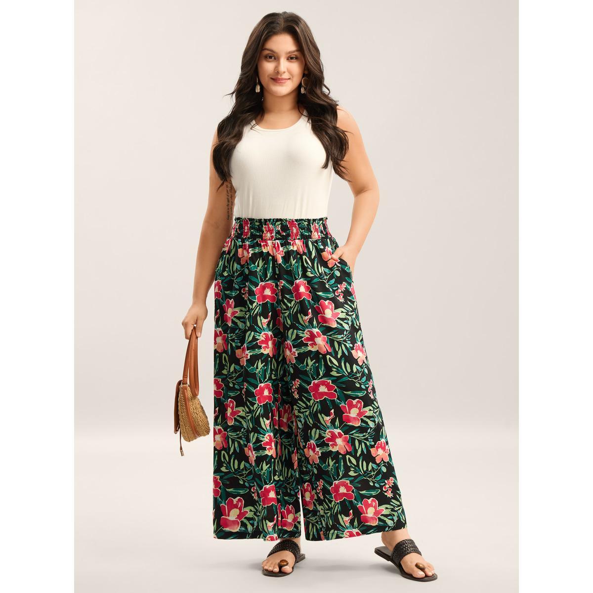 Plus Size Rayon Tropical Floral Print Shirred Wide-Leg Pants Women BlackFlower Resort Wide Leg Mid Rise Vacation Pants BloomChic 30/6X Product Image