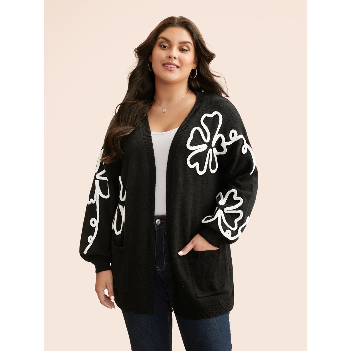 Plus Size Crochet Floral Kimono Collar Pocket Cardigan Black Women Casual Loose Long Sleeve Everyday Cardigans BloomChic 12/L Product Image