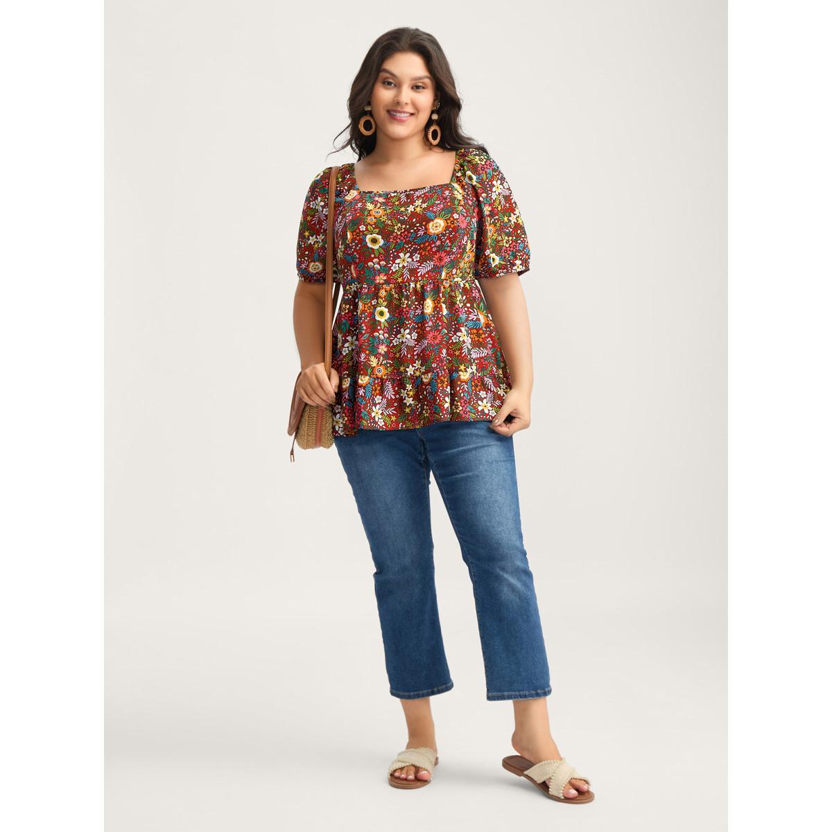 Plus Size Scarlet Floral Square Neck Fit and Flare Blouse Women Short sleeve Square Neck Vacation Blouses BloomChic 22-24/3X Product Image