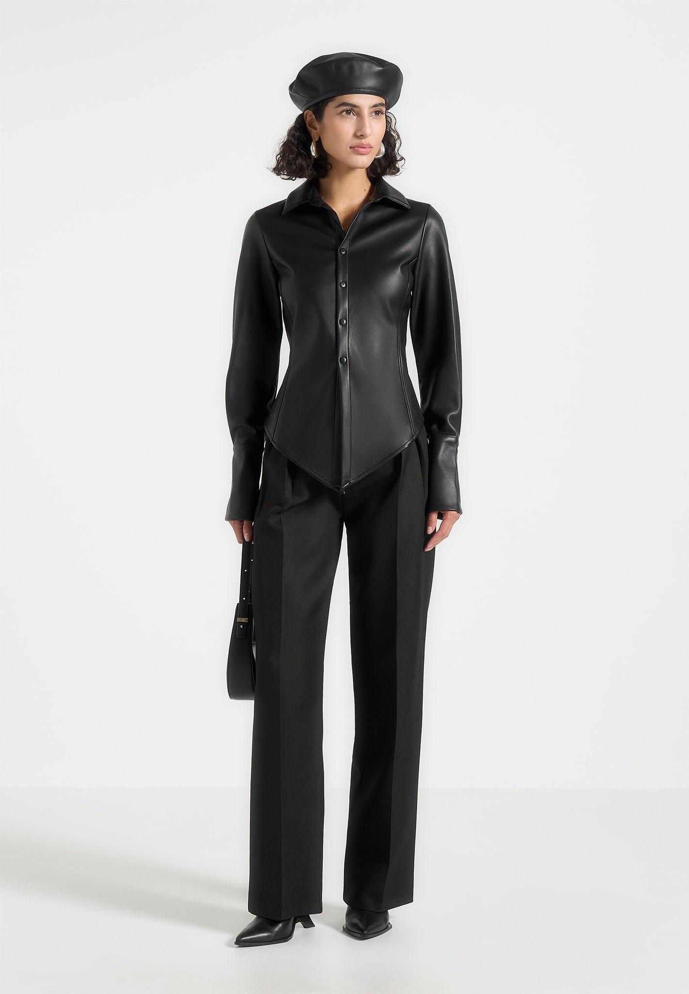Sonia - Leather Angled Shirt - Black Female Product Image