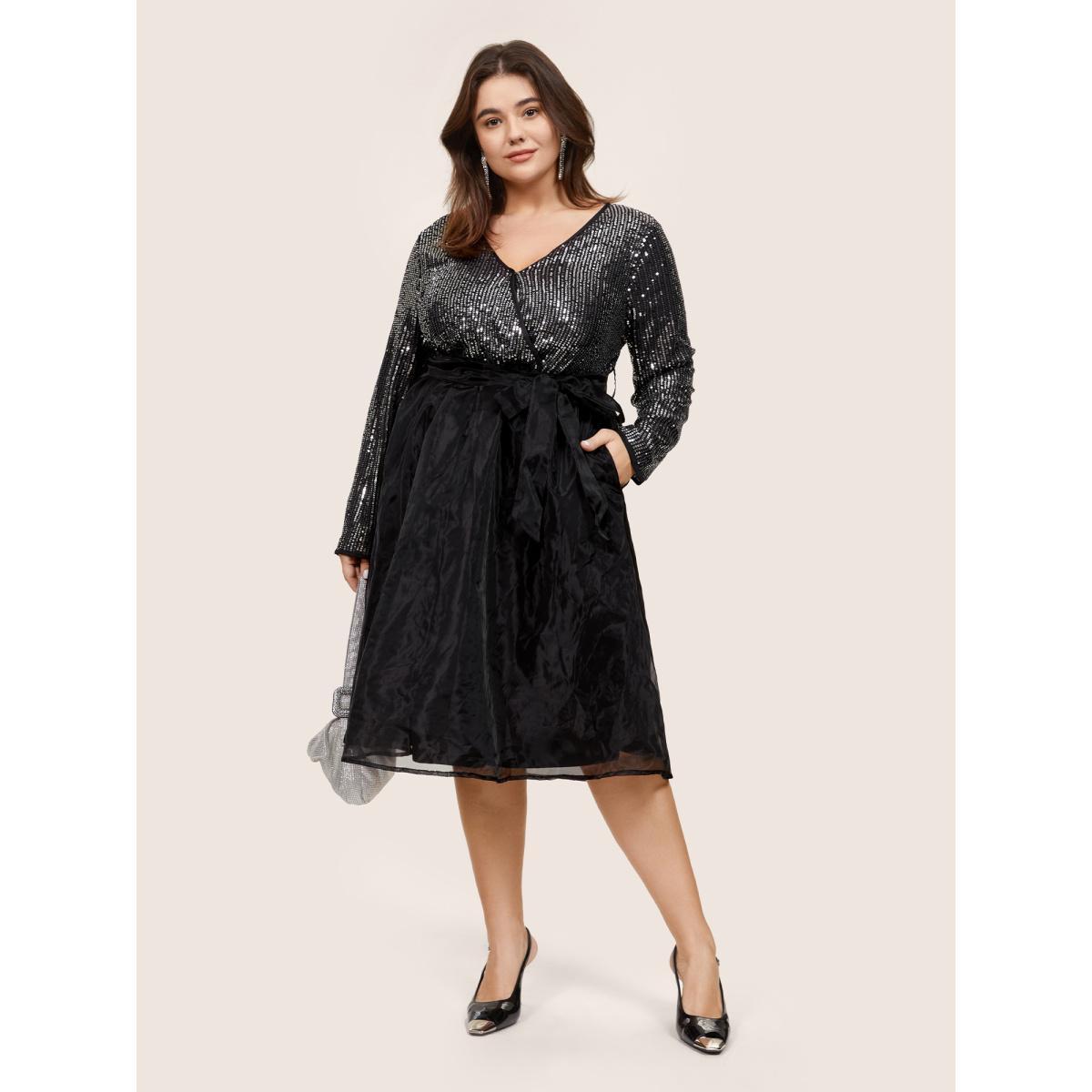 Plus Size Sequin Mesh Patchwork Wrap Belted Dress Black Women Cocktail Sequin Overlap Collar Long Sleeve Curvy Midi Dress BloomChic 18-20/2X Product Image