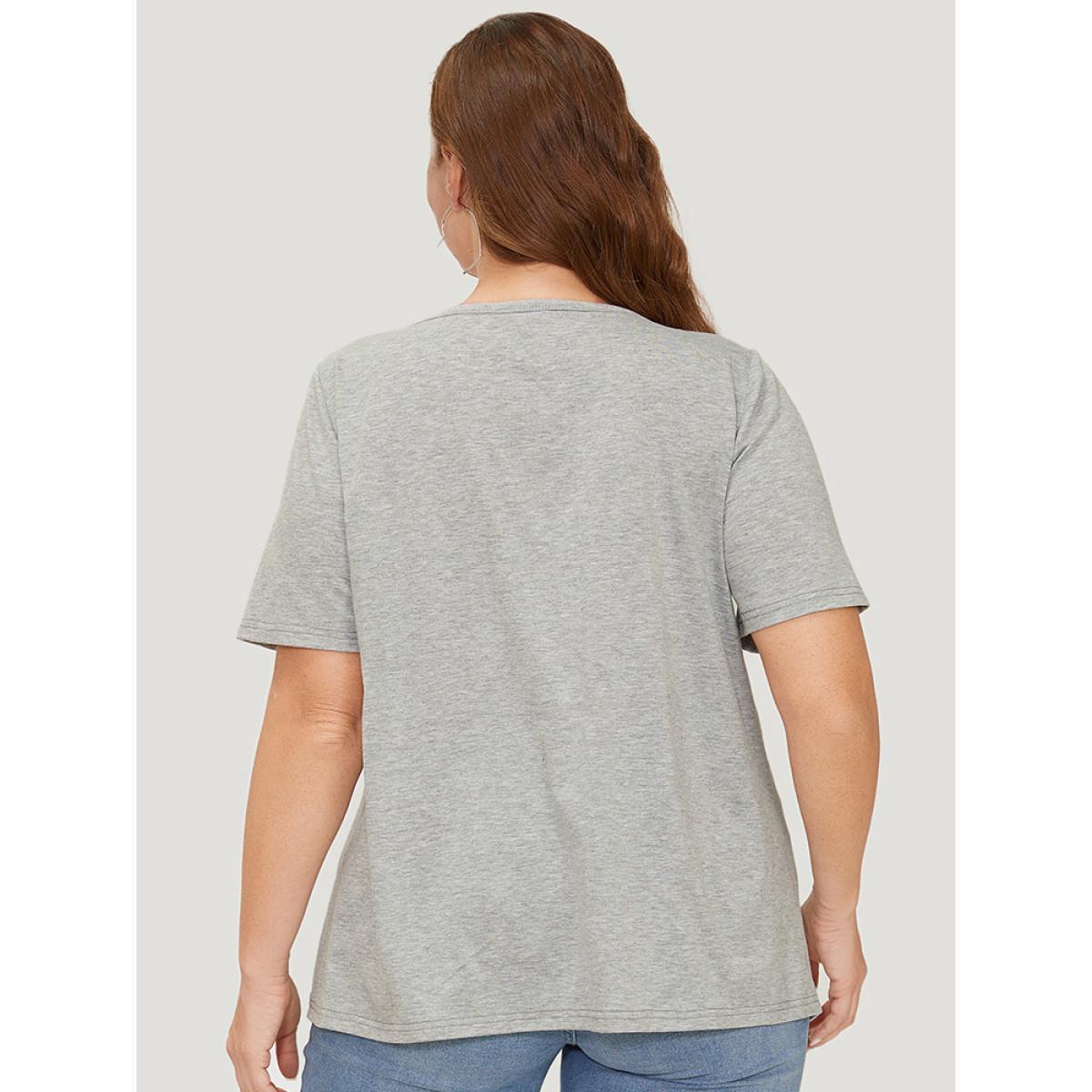 Plus Size Eagle & Floral Print Keyhole Neck T-shirt Gray Women Casual Keyhole Western Dailywear T-shirts BloomChic 30/6X Product Image