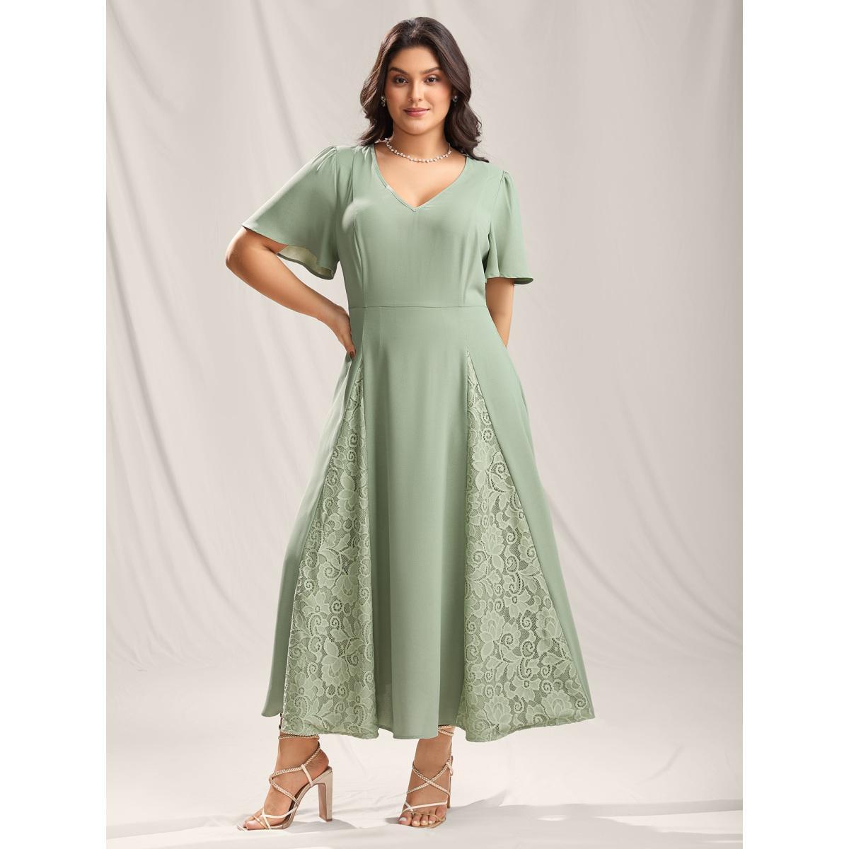 Plus Size Lace Panel Cinched-Waist Maxi Dress Sage Women V-neck Short sleeve Curvy BloomChic 12/L Product Image