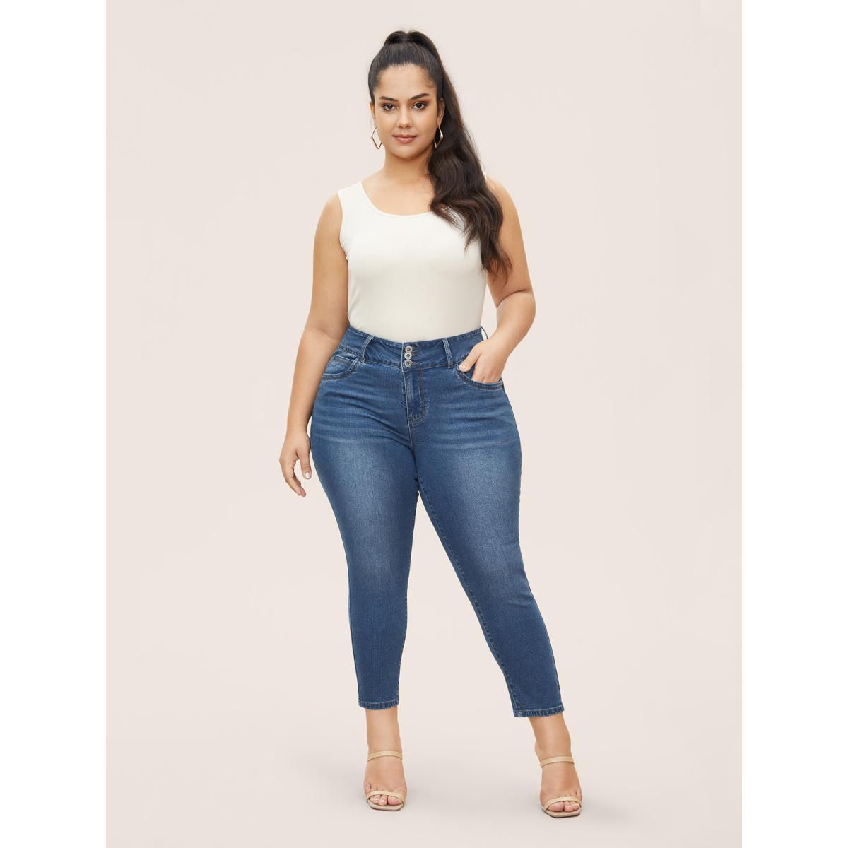 Plus Size Medium Wash Slim Cropped Jeans Women Blue Casual Button High stretch Slanted pocket Jeans BloomChic 28/5X Product Image