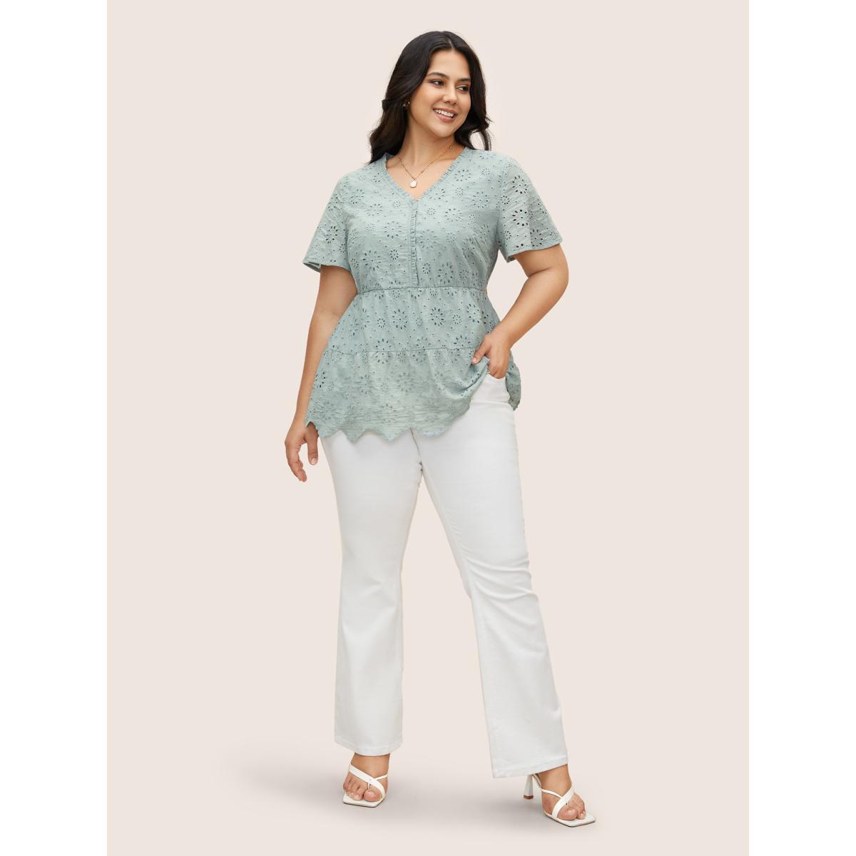 Plus Size Arctic Plain Broderie Anglaise Flutter Sleeve Blouse Women Elegant Short sleeve V-neck Everyday Blouses BloomChic 30/6X Product Image